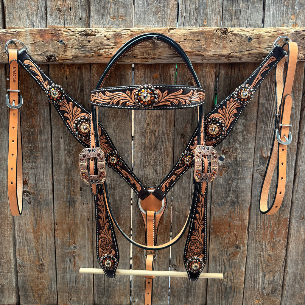 Two Tone Floral Jet, Champagne and Topaz Browband / One Ear Tack Set #BBBC477