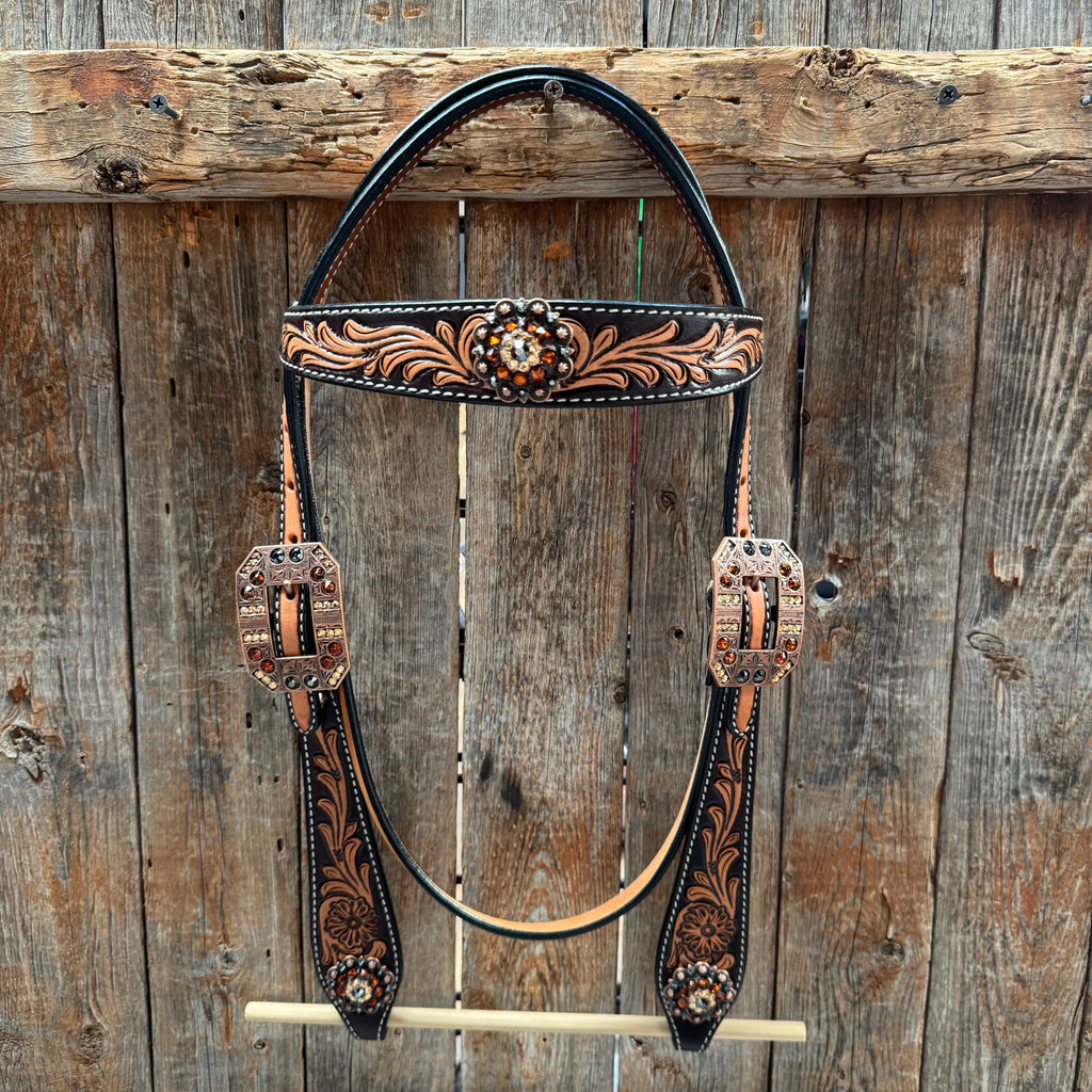 Two Tone Floral Jet, Champagne and Topaz Browband / One Ear Tack Set #BBBC477 — view 3
