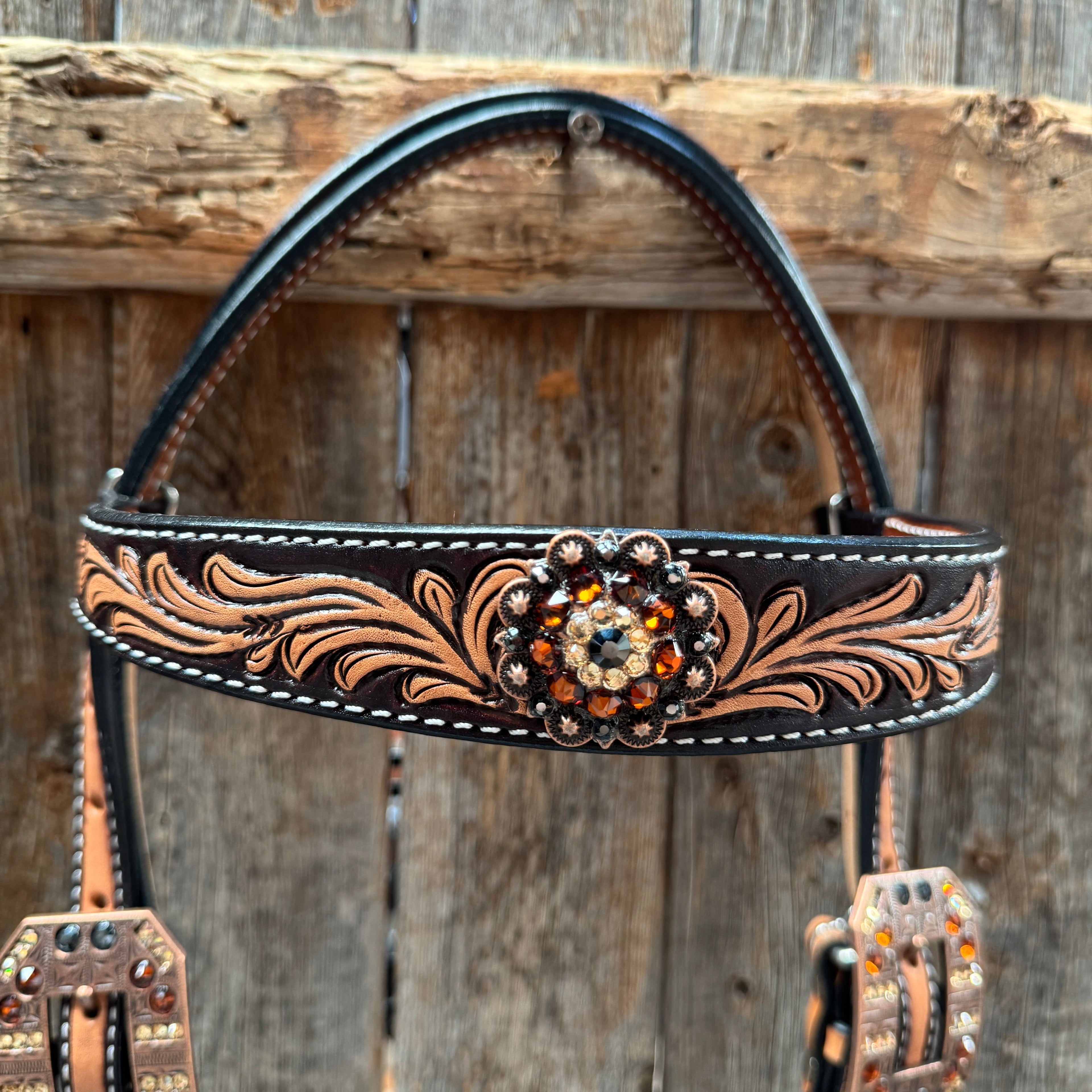 Two Tone Floral Jet, Champagne and Topaz Browband / One Ear Tack Set #BBBC477 — view 4