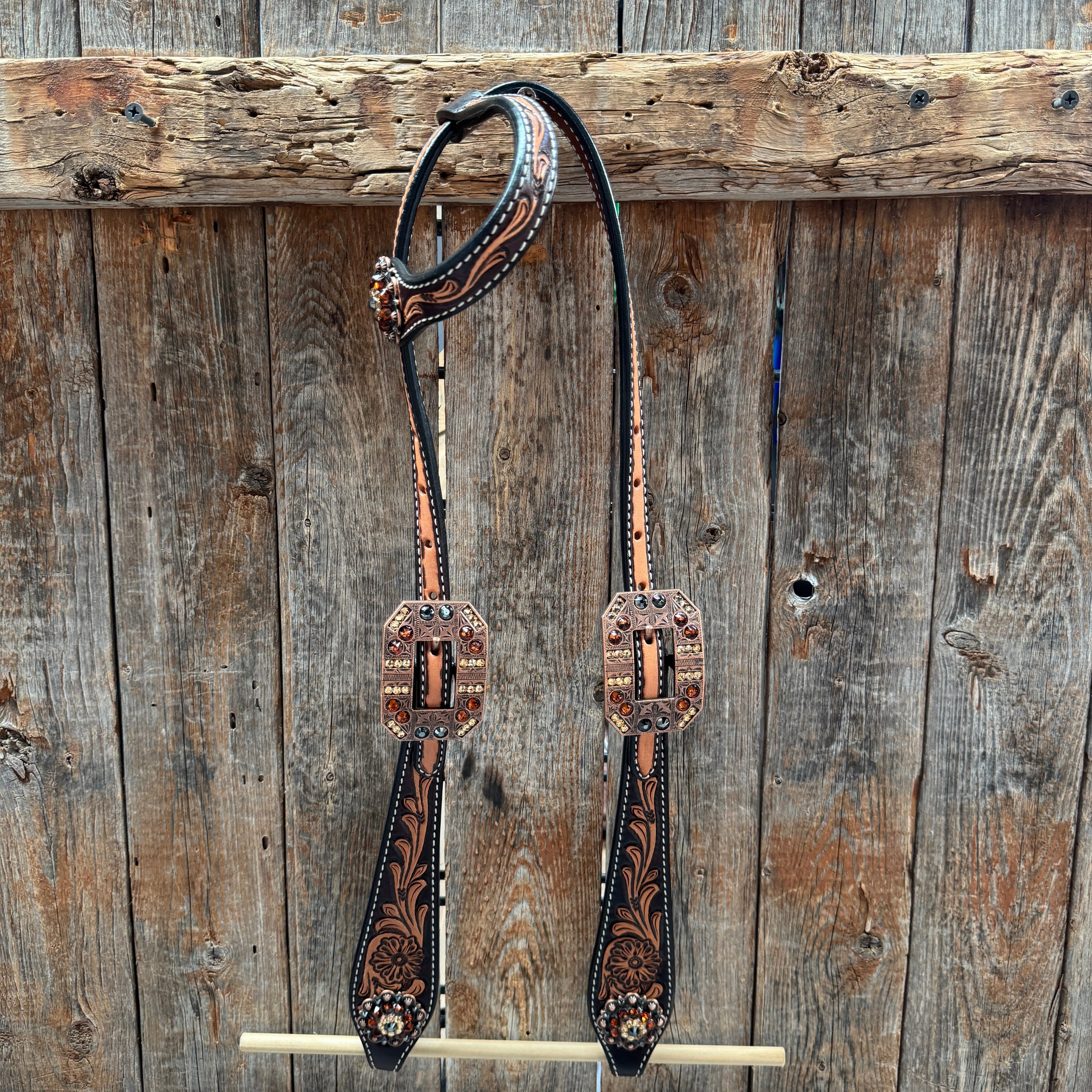 Two Tone Floral Jet, Champagne and Topaz Browband / One Ear Tack Set #BBBC477 — view 6
