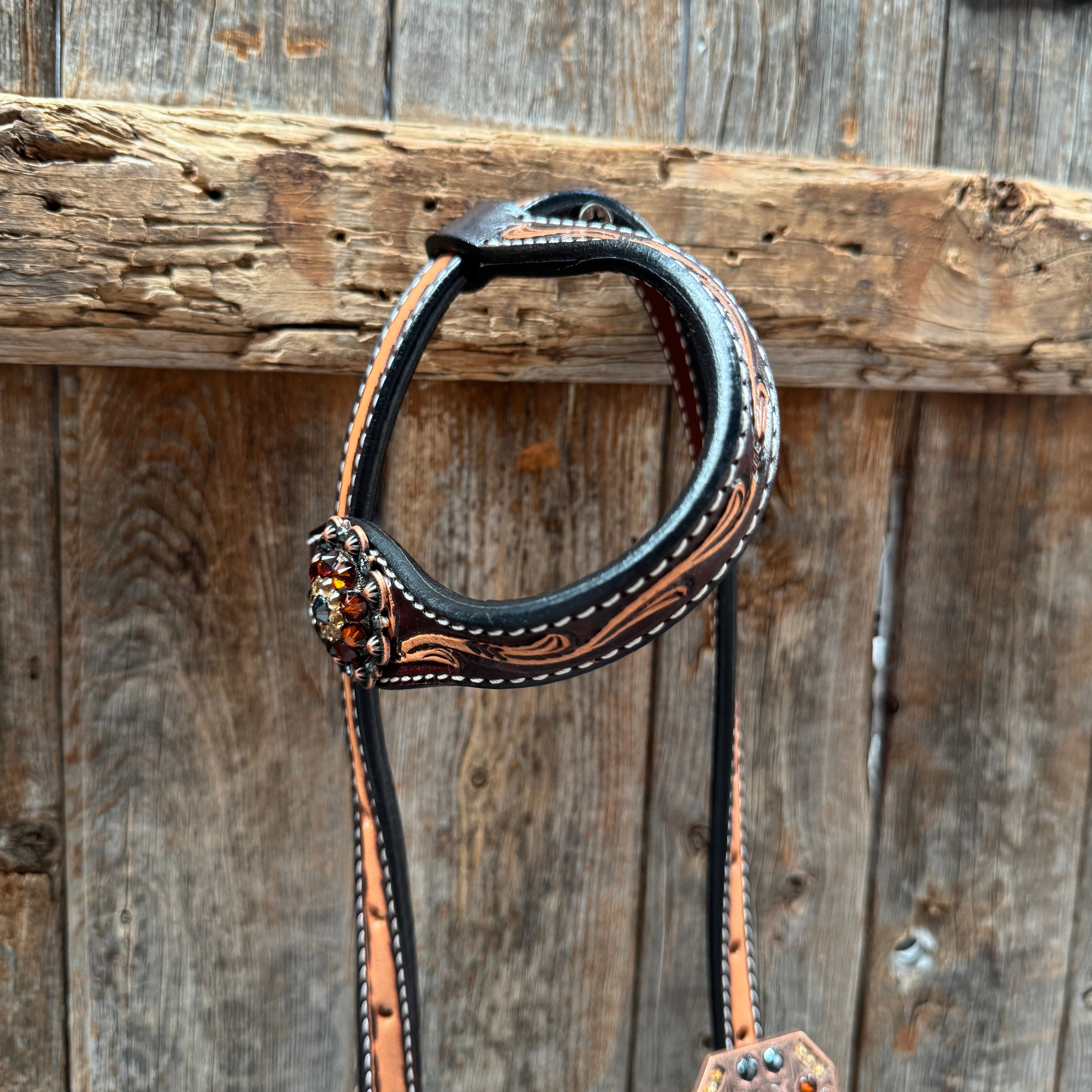 Two Tone Floral Jet, Champagne and Topaz Browband / One Ear Tack Set #BBBC477 — view 7