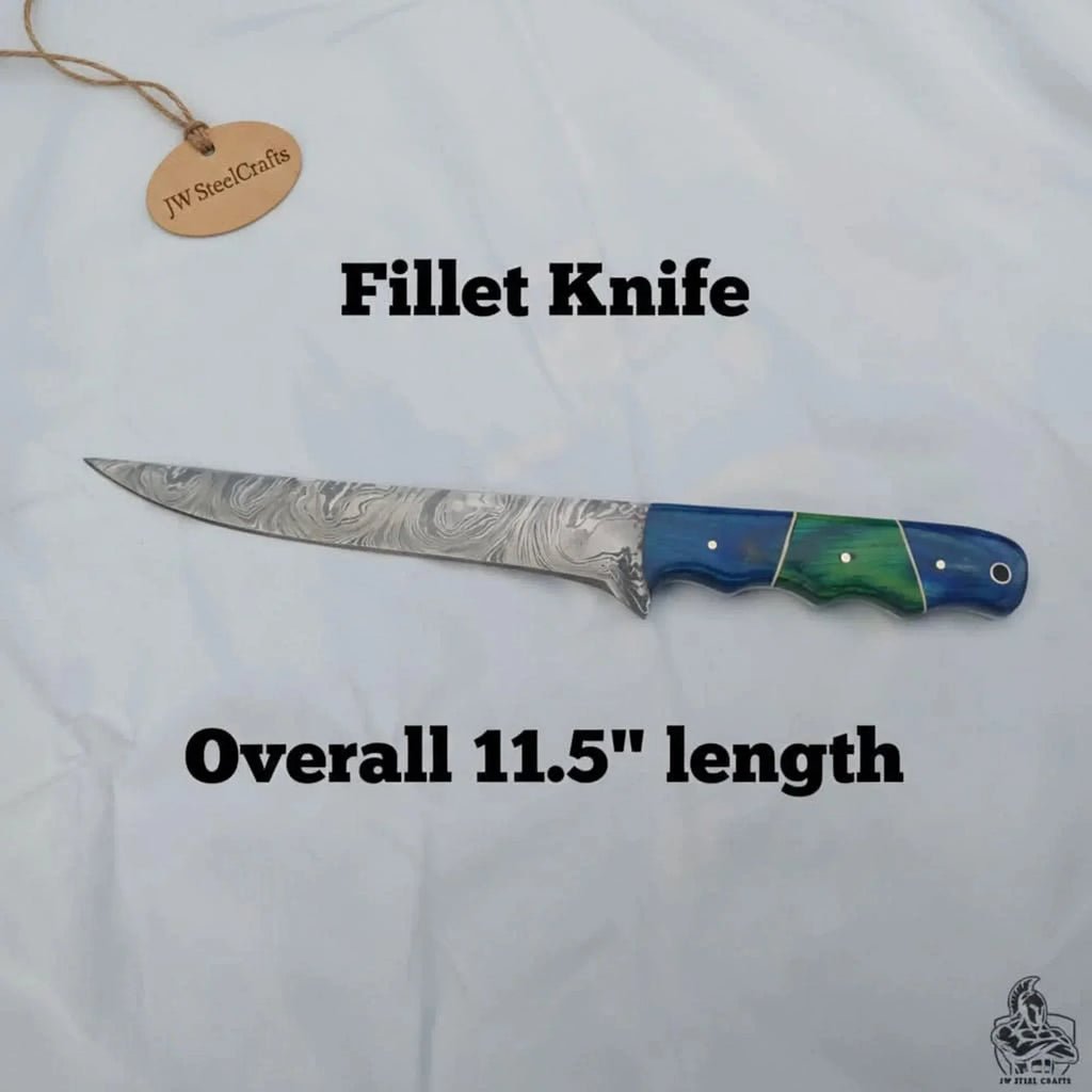11.5 Inch Damascus Steel Fillet Knife with Two-Tone Colored Wood Handle | JW SteelCrafts