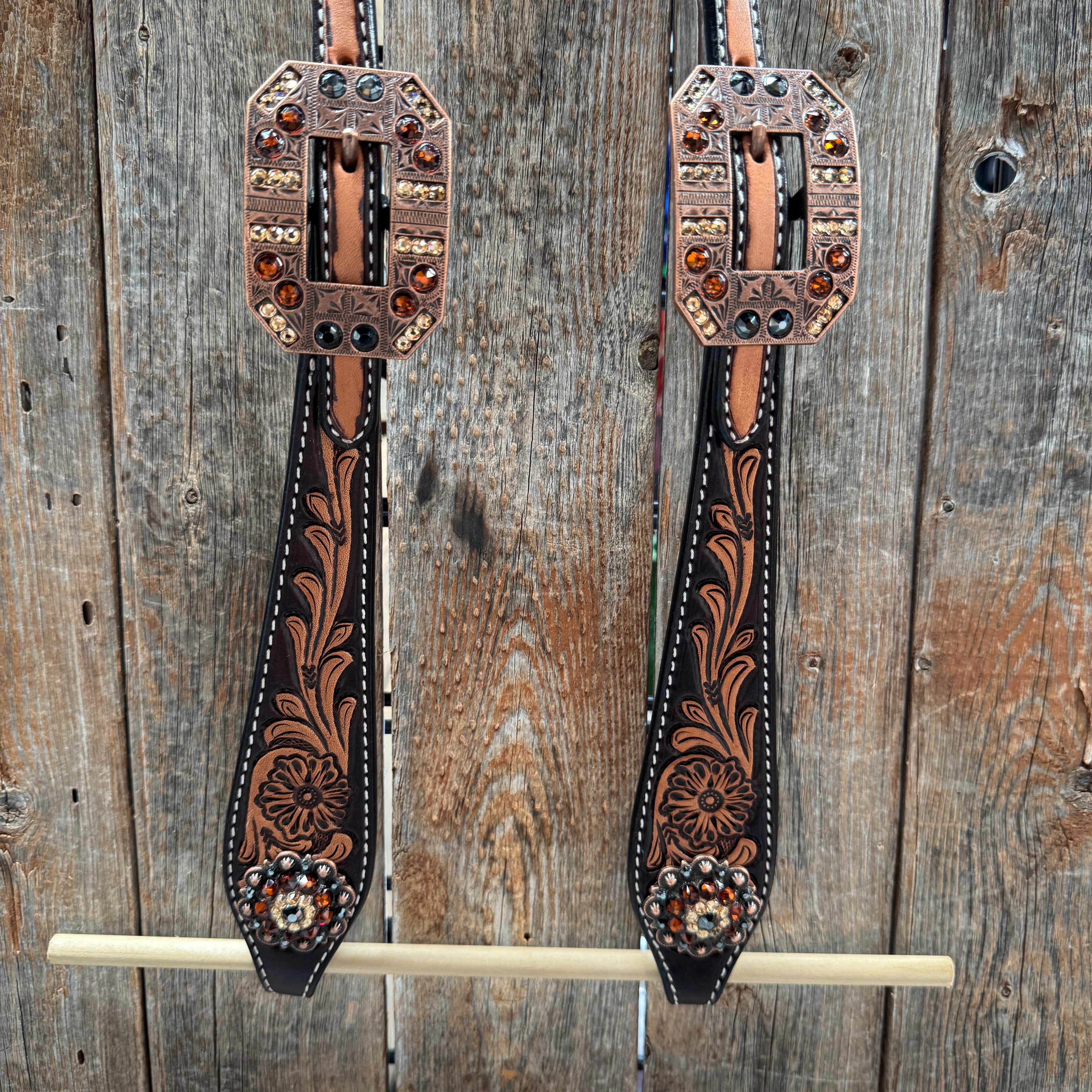 Two Tone Floral Jet, Champagne and Topaz Browband / One Ear Tack Set #BBBC477 — view 5