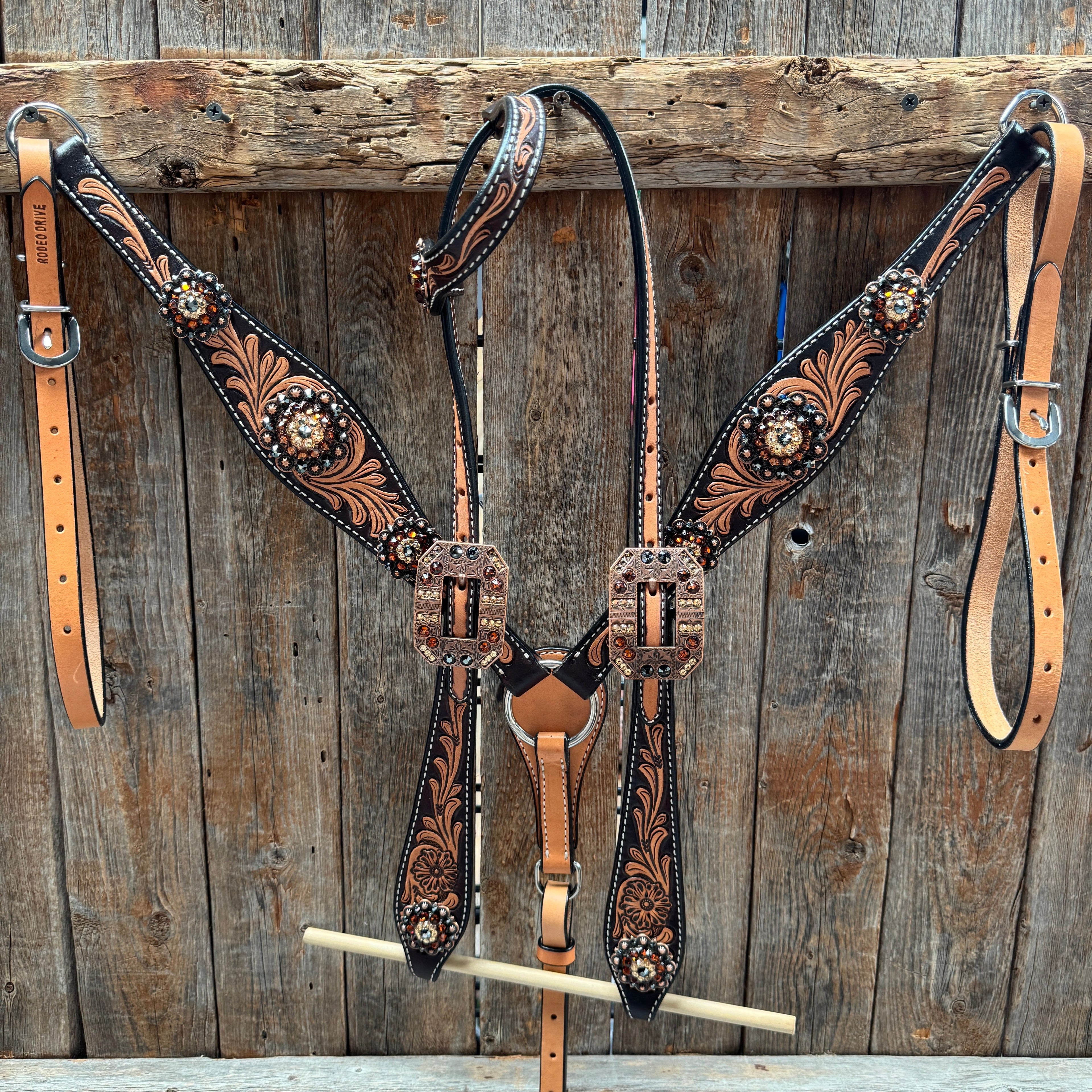 Two Tone Floral Jet, Champagne and Topaz Browband / One Ear Tack Set #BBBC477 — view 2