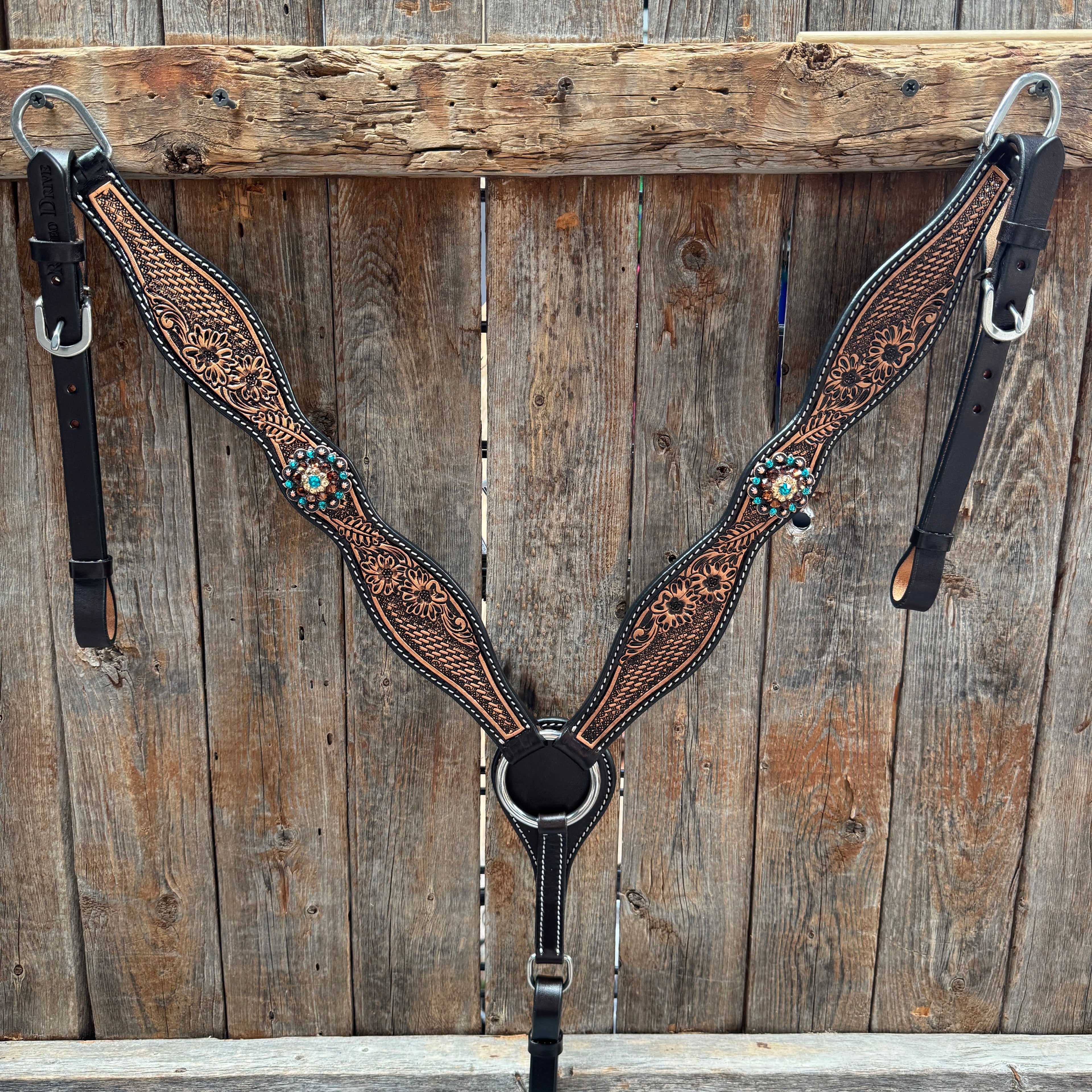 Two Tone Floral and Basketweave Teal, Champagne and Topaz Browband Tack Set #BBBC480 — view 6