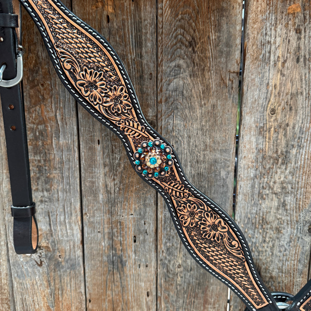 Two Tone Floral and Basketweave Teal, Champagne and Topaz Browband Tack Set #BBBC480 — view 7