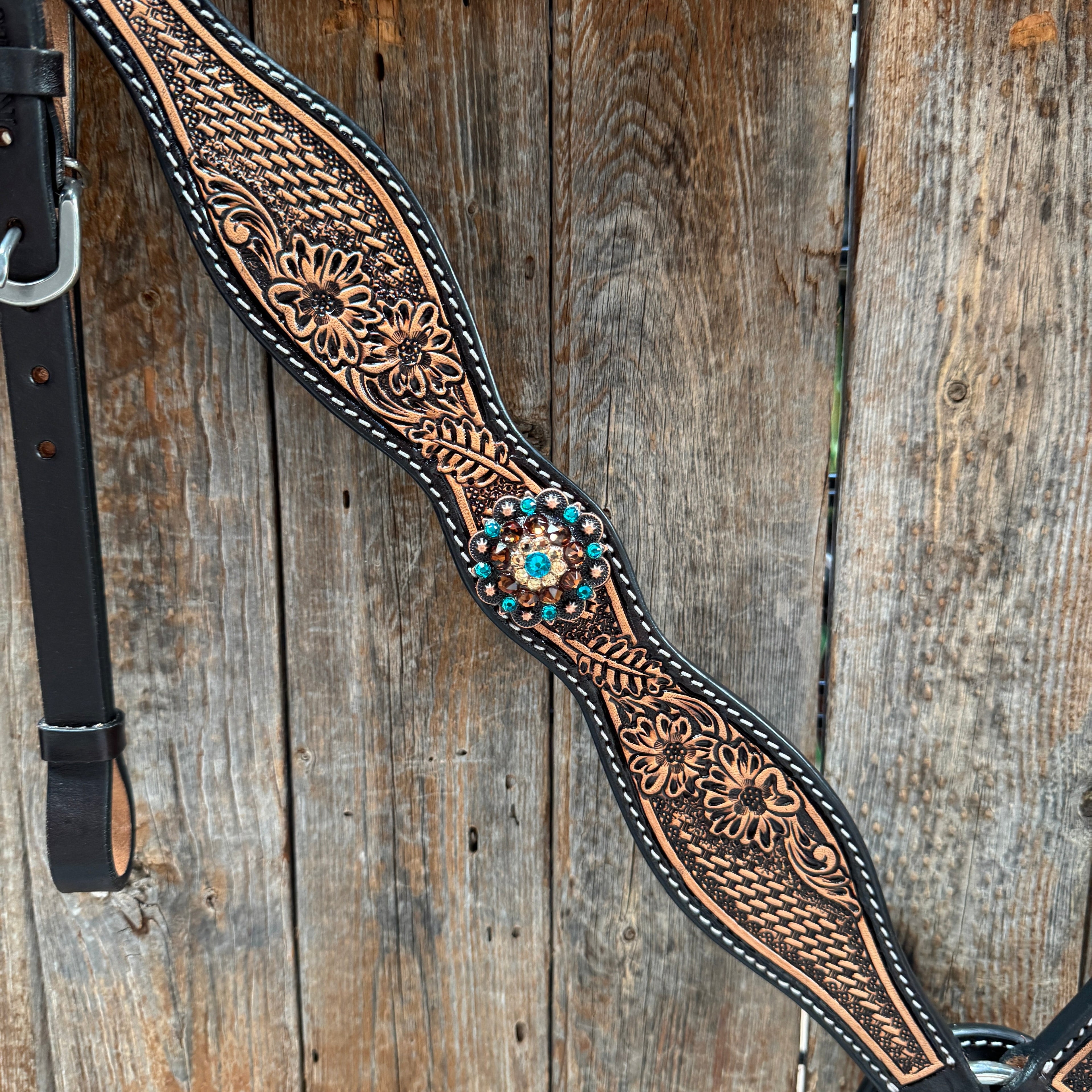 Two Tone Floral and Basketweave Teal, Champagne and Topaz Browband Tack Set #BBBC480 — view 7