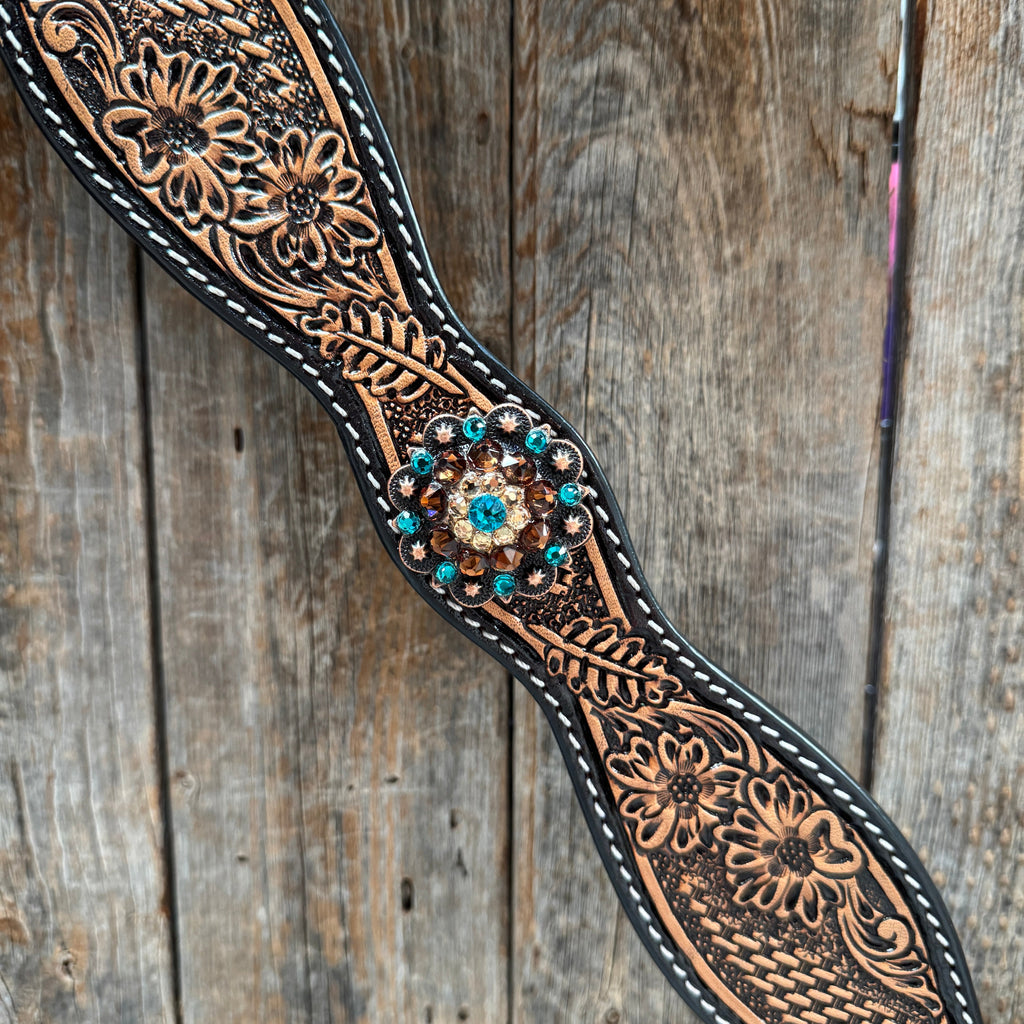 Two Tone Floral and Basketweave Teal, Champagne and Topaz Browband Tack Set #BBBC480 — view 8