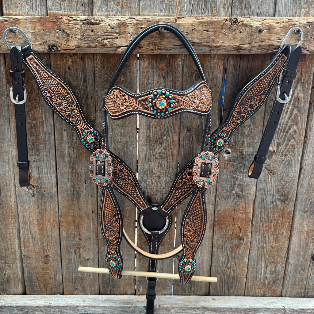 Two Tone Floral and Basketweave Teal, Champagne and Topaz Browband Tack Set #BBBC480