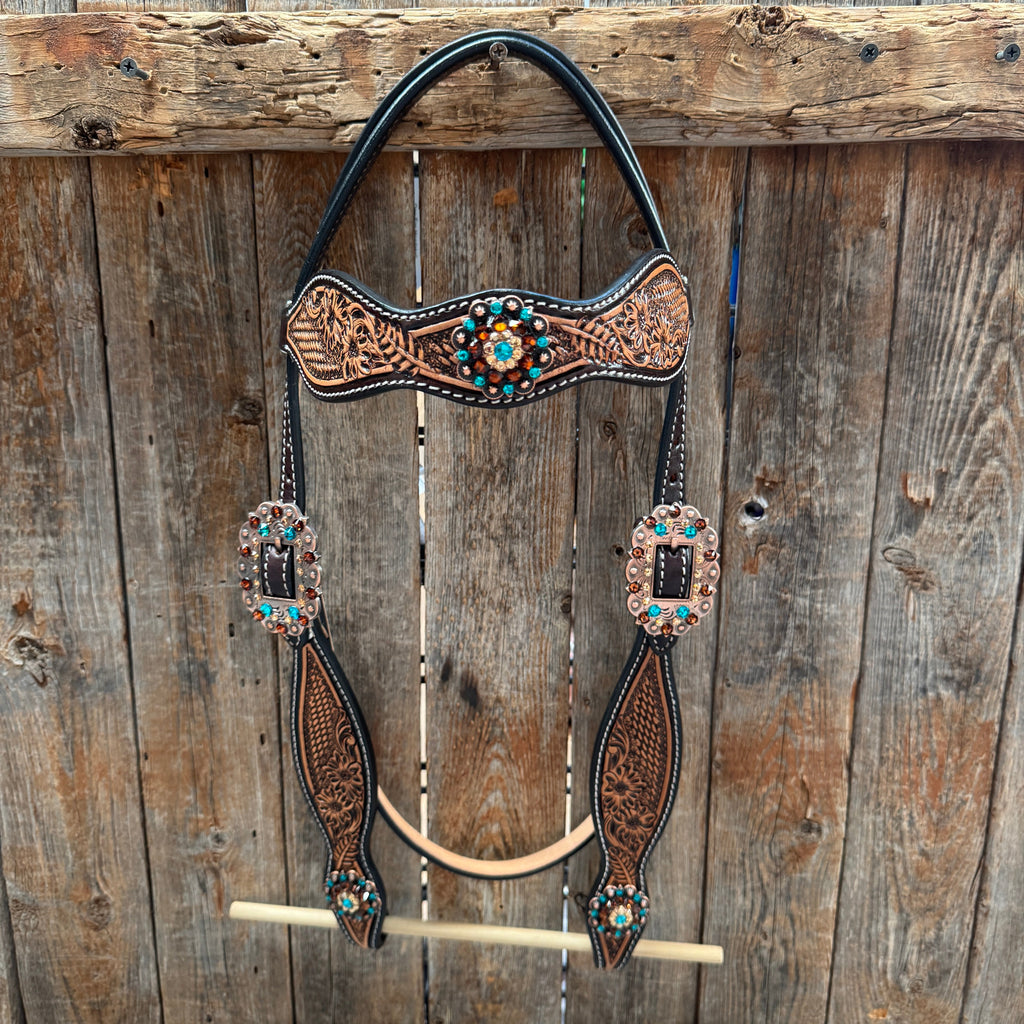 Two Tone Floral and Basketweave Teal, Champagne and Topaz Browband Tack Set #BBBC480 — view 2