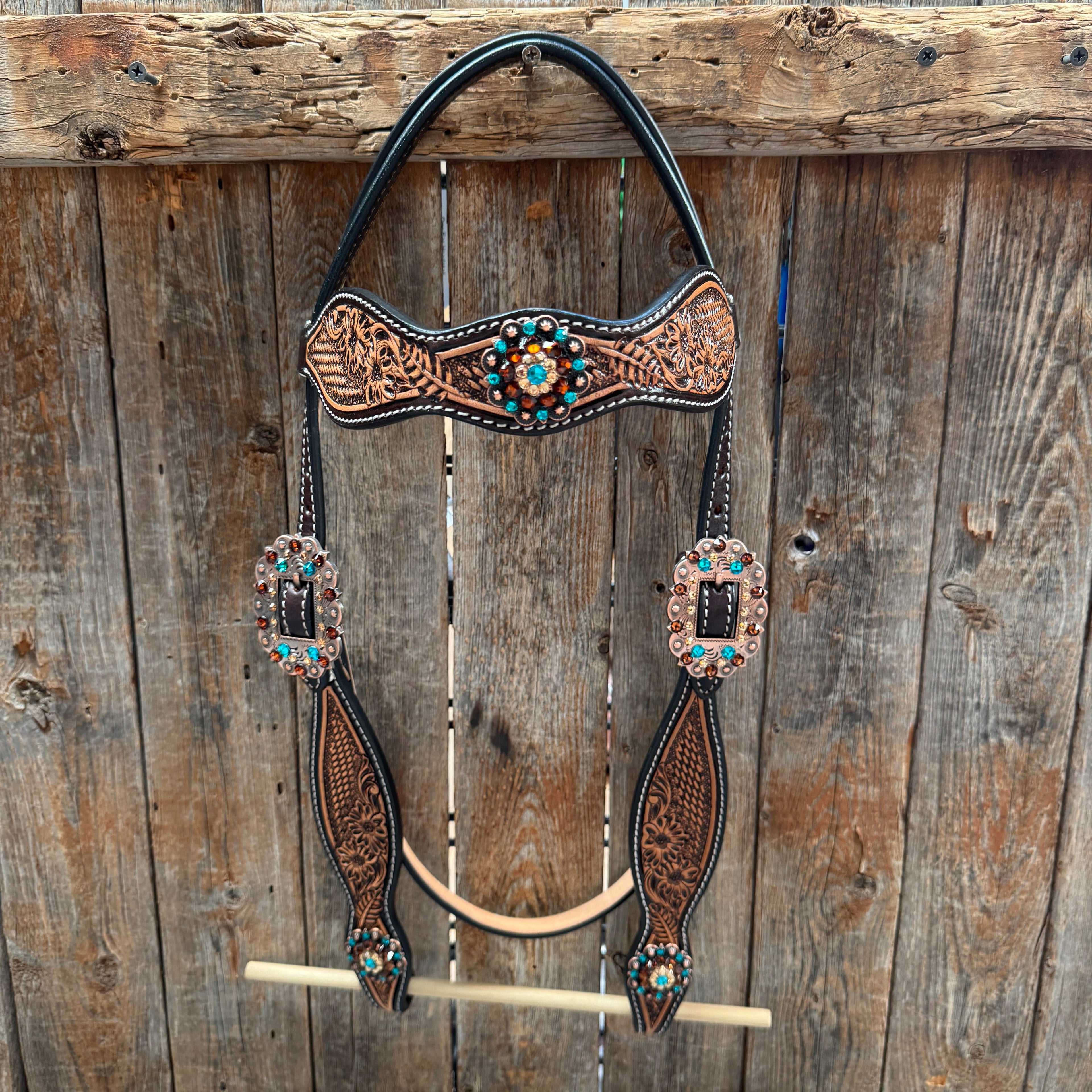 Two Tone Floral and Basketweave Teal, Champagne and Topaz Browband Tack Set #BBBC480 — view 2