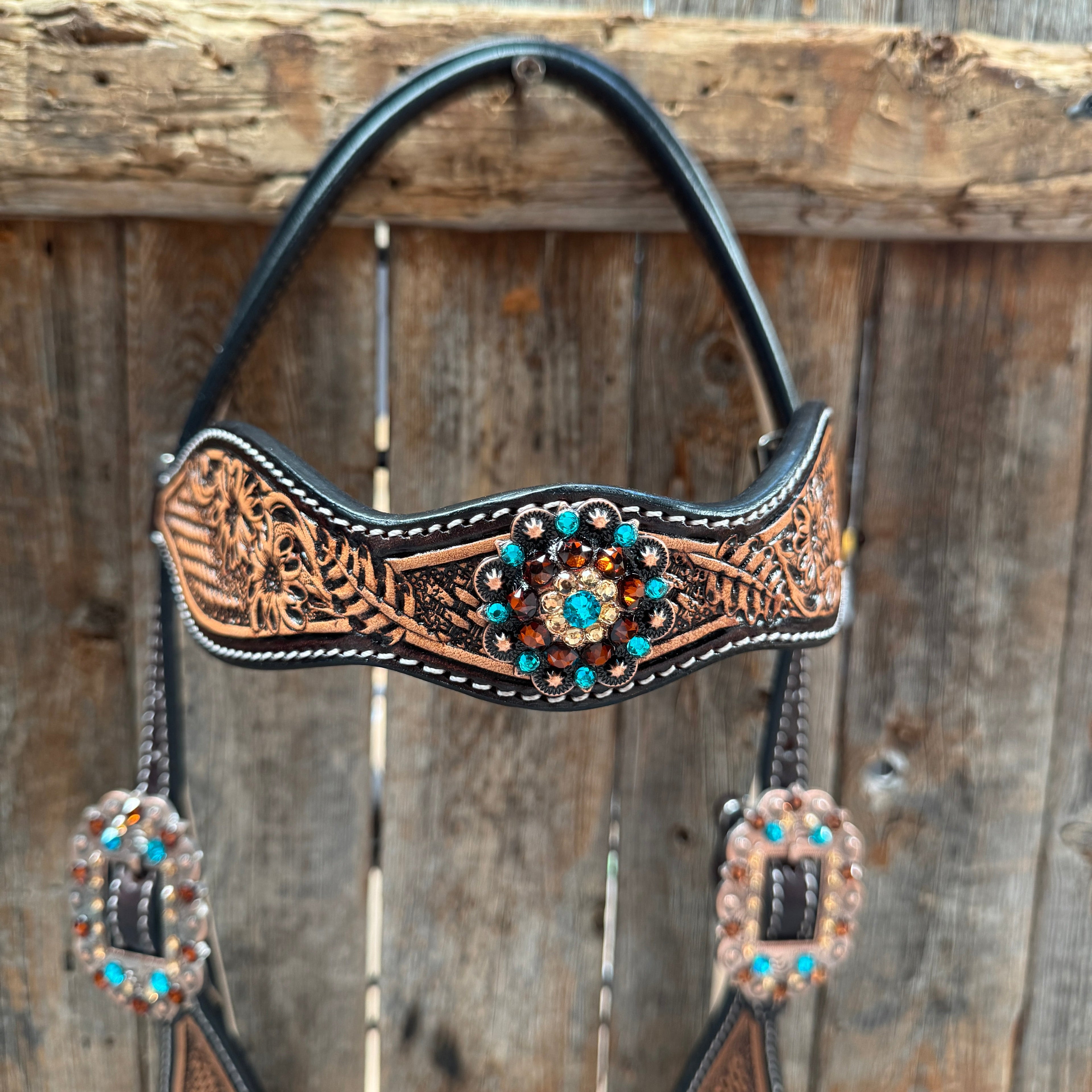 Two Tone Floral and Basketweave Teal, Champagne and Topaz Browband Tack Set #BBBC480 — view 3