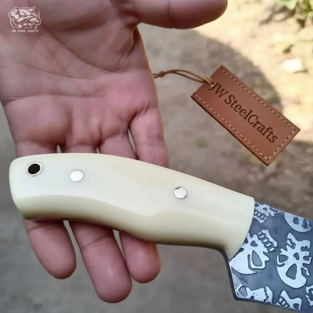 Damascus Skinner Knife White Resin Handle 7”
