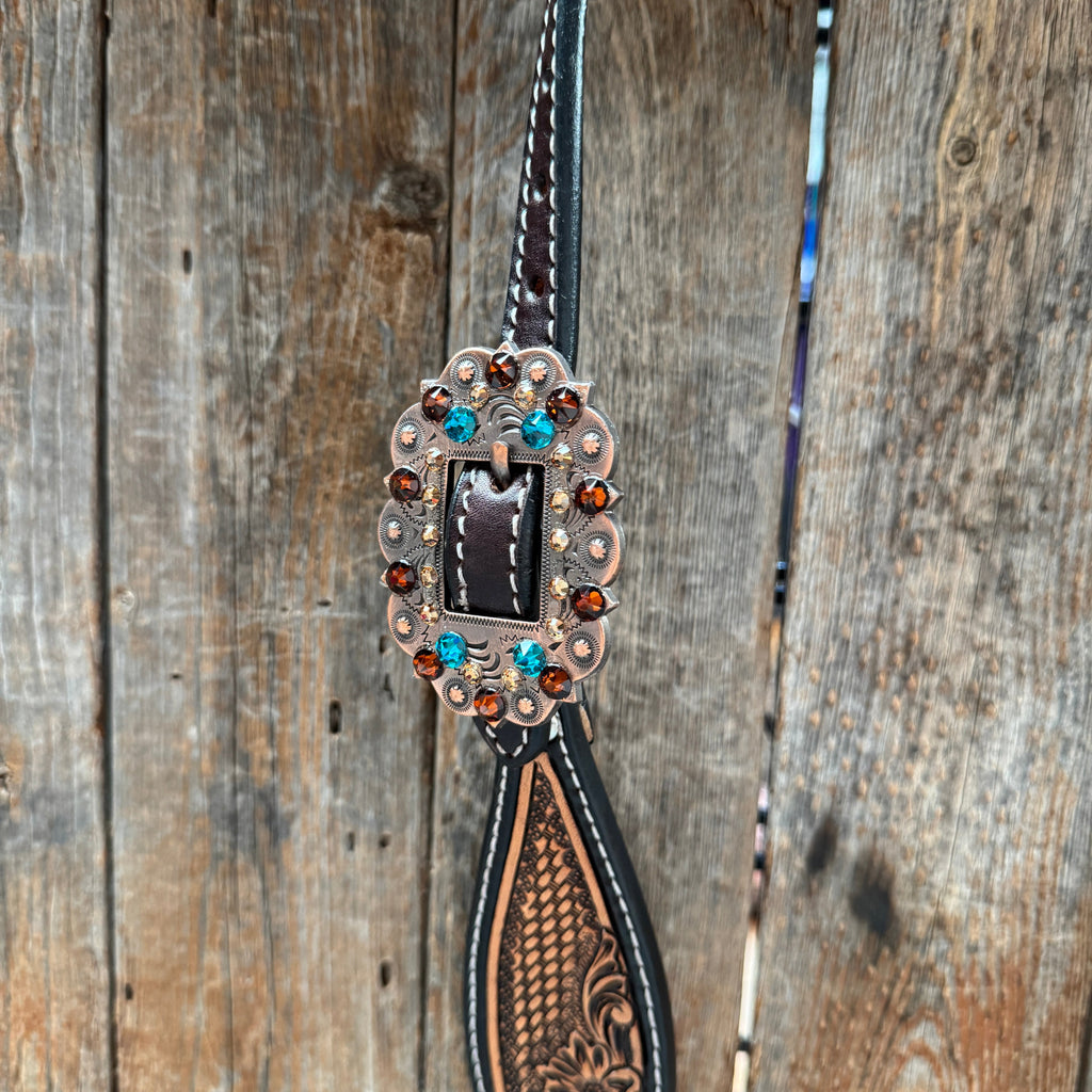Two Tone Floral and Basketweave Teal, Champagne and Topaz Browband Tack Set #BBBC480 — view 4