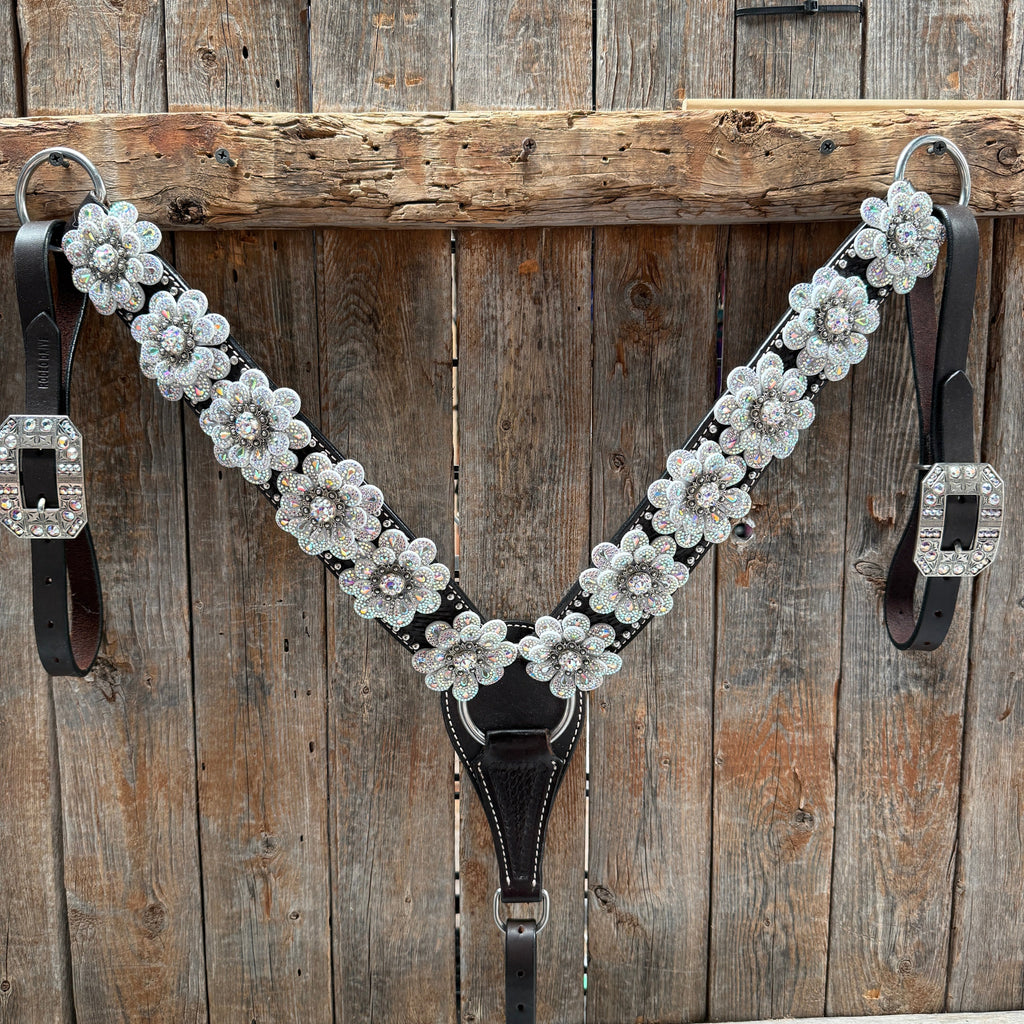 Dark Oil Basketweave with Silver Dots Rhinestone Flower One Ear Tack Set #OEBC483 — view 6