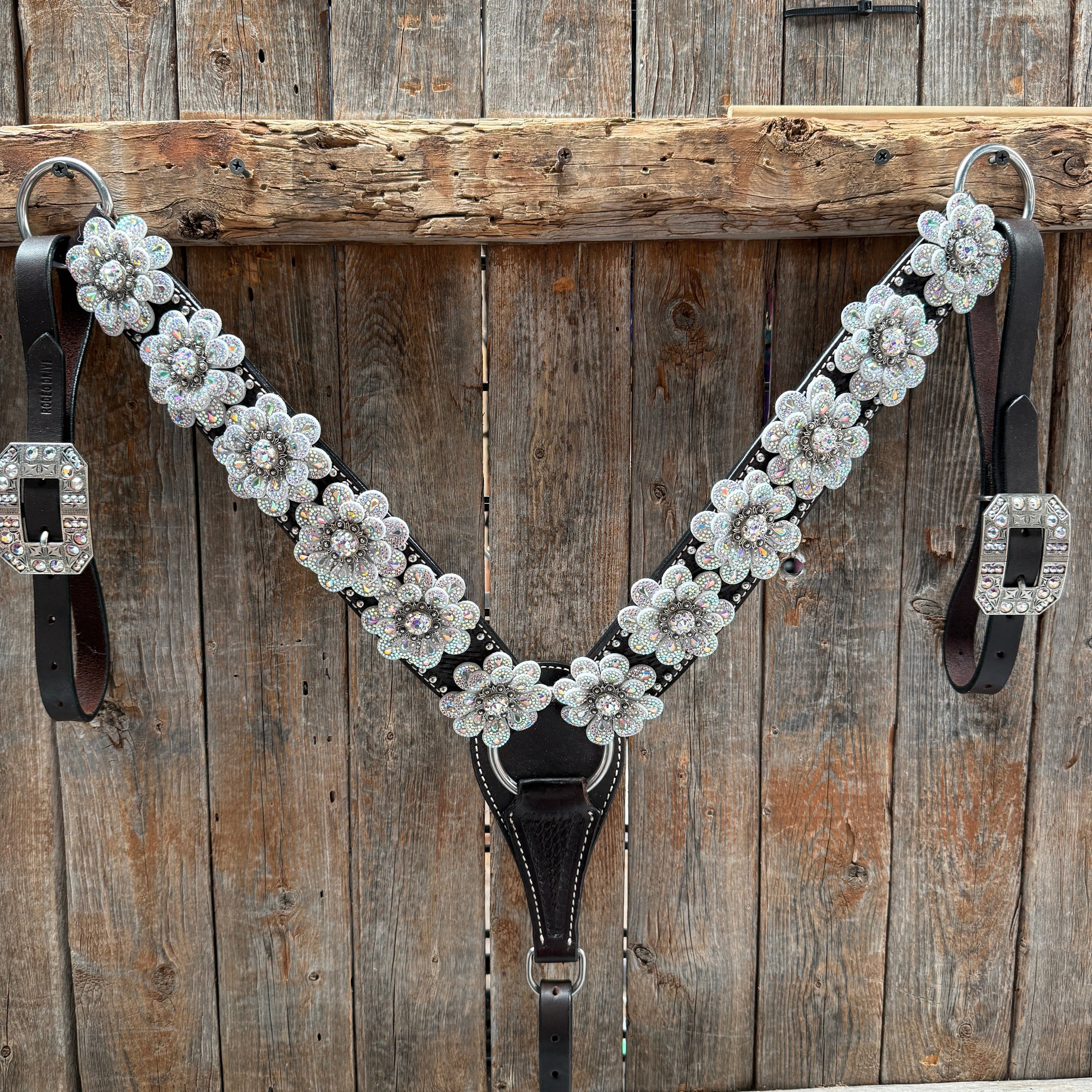 Dark Oil Basketweave with Silver Dots Rhinestone Flower One Ear Tack Set #OEBC483 — view 6