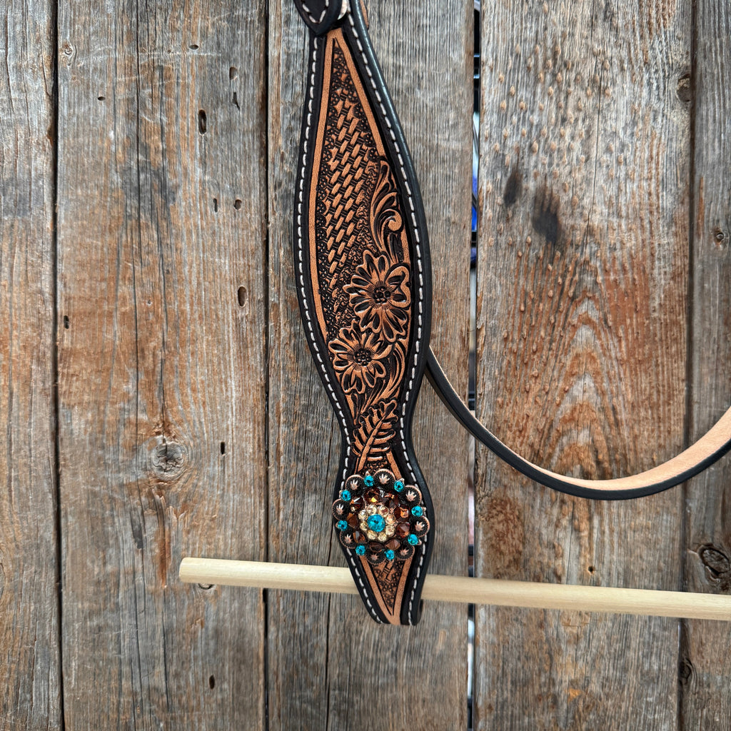 Two Tone Floral and Basketweave Teal, Champagne and Topaz Browband Tack Set #BBBC480 — view 5