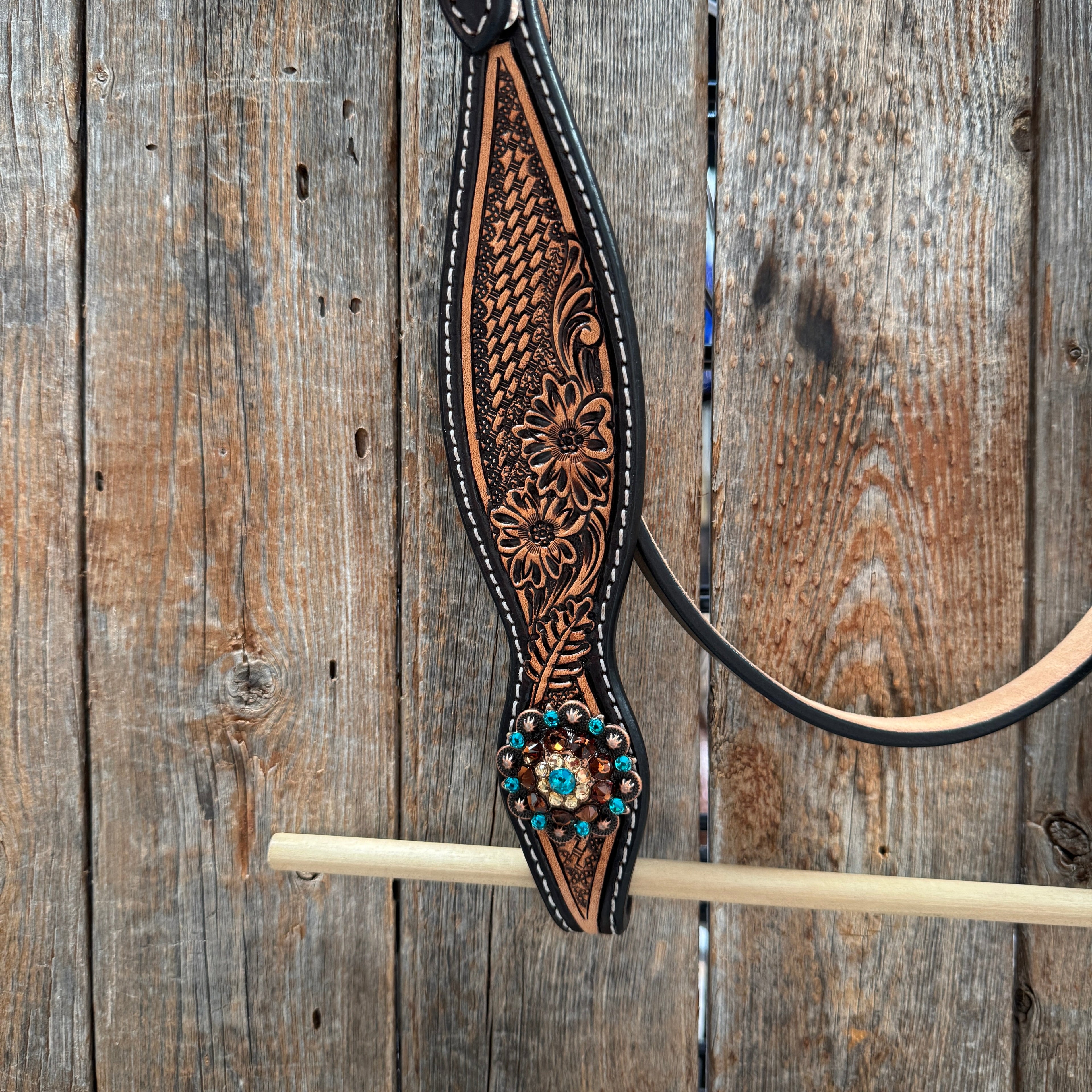 Two Tone Floral and Basketweave Teal, Champagne and Topaz Browband Tack Set #BBBC480 — view 5