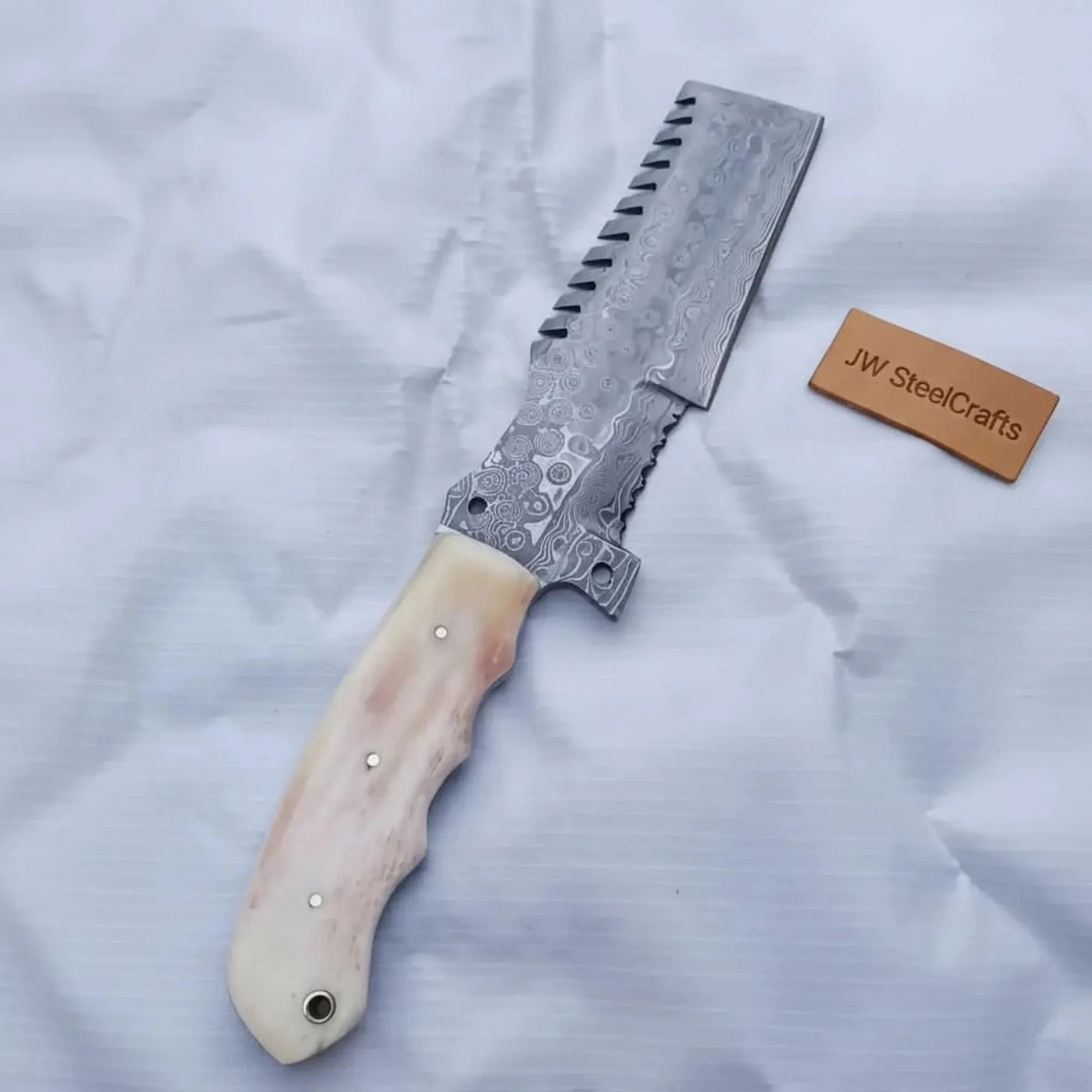 Handmade Damascus Tracker Knife with Bone Handle, Fixed Blade Bushcraft Survival Knife