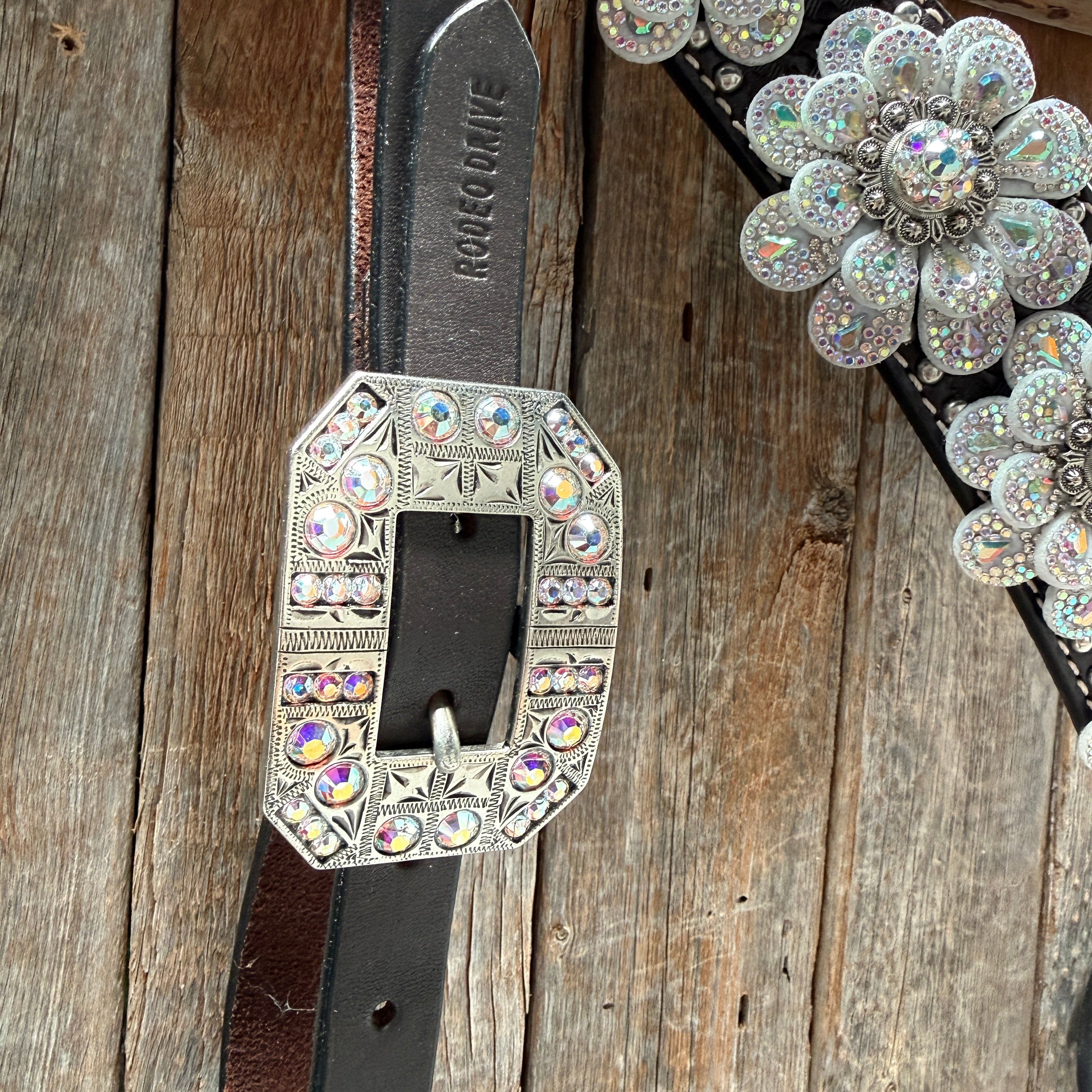 Dark Oil Basketweave with Silver Dots Rhinestone Flower One Ear Tack Set #OEBC483 — view 8