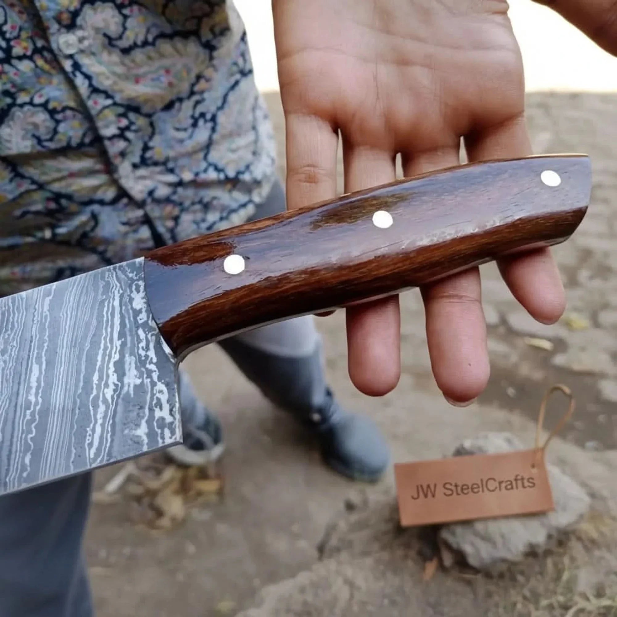 12-Inch Serbian Damascus Cleaver — Rosewood Handle & Leather Sheath