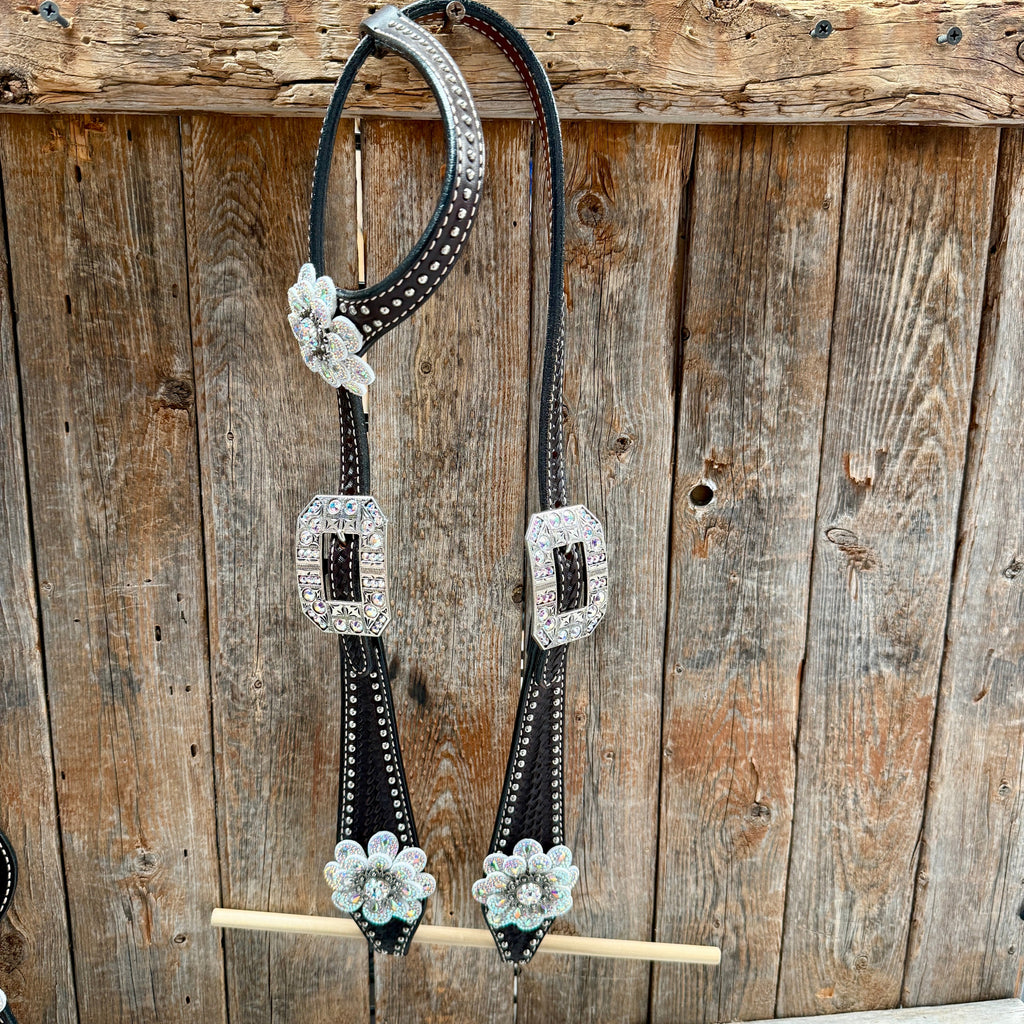 Dark Oil Basketweave with Silver Dots Rhinestone Flower One Ear Tack Set #OEBC483 — view 2