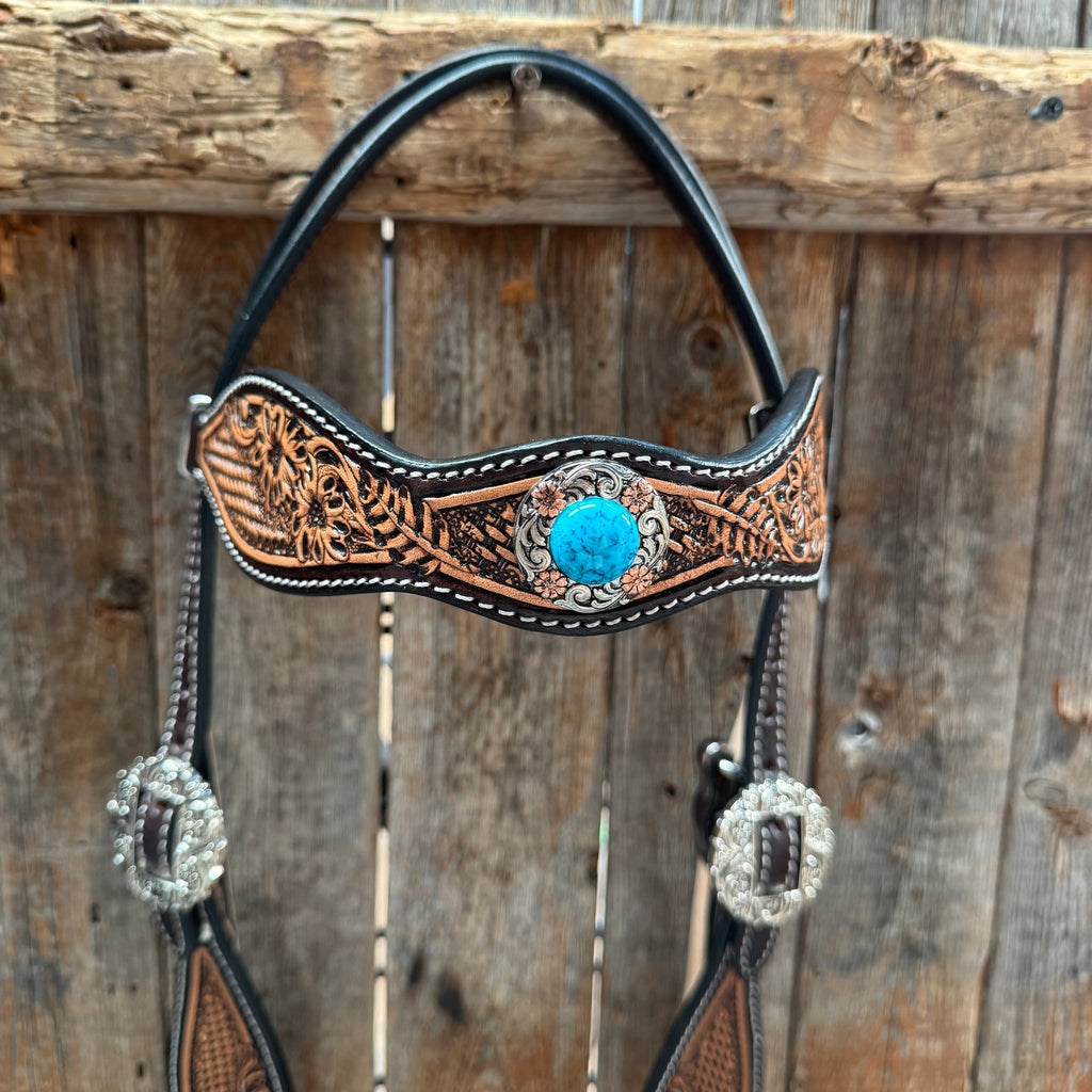 Two Tone Floral and Basketweave Western Browband Tack Set #BBBC481 — view 3