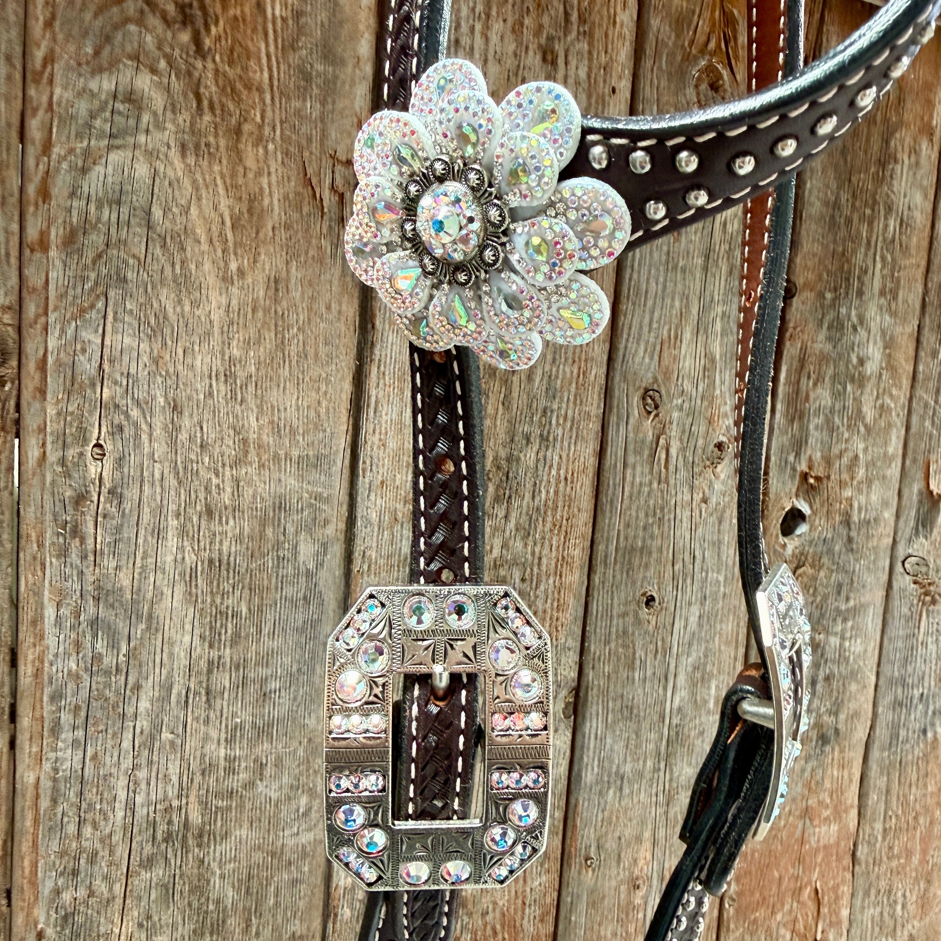 Dark Oil Basketweave with Silver Dots Rhinestone Flower One Ear Tack Set #OEBC483 — view 3