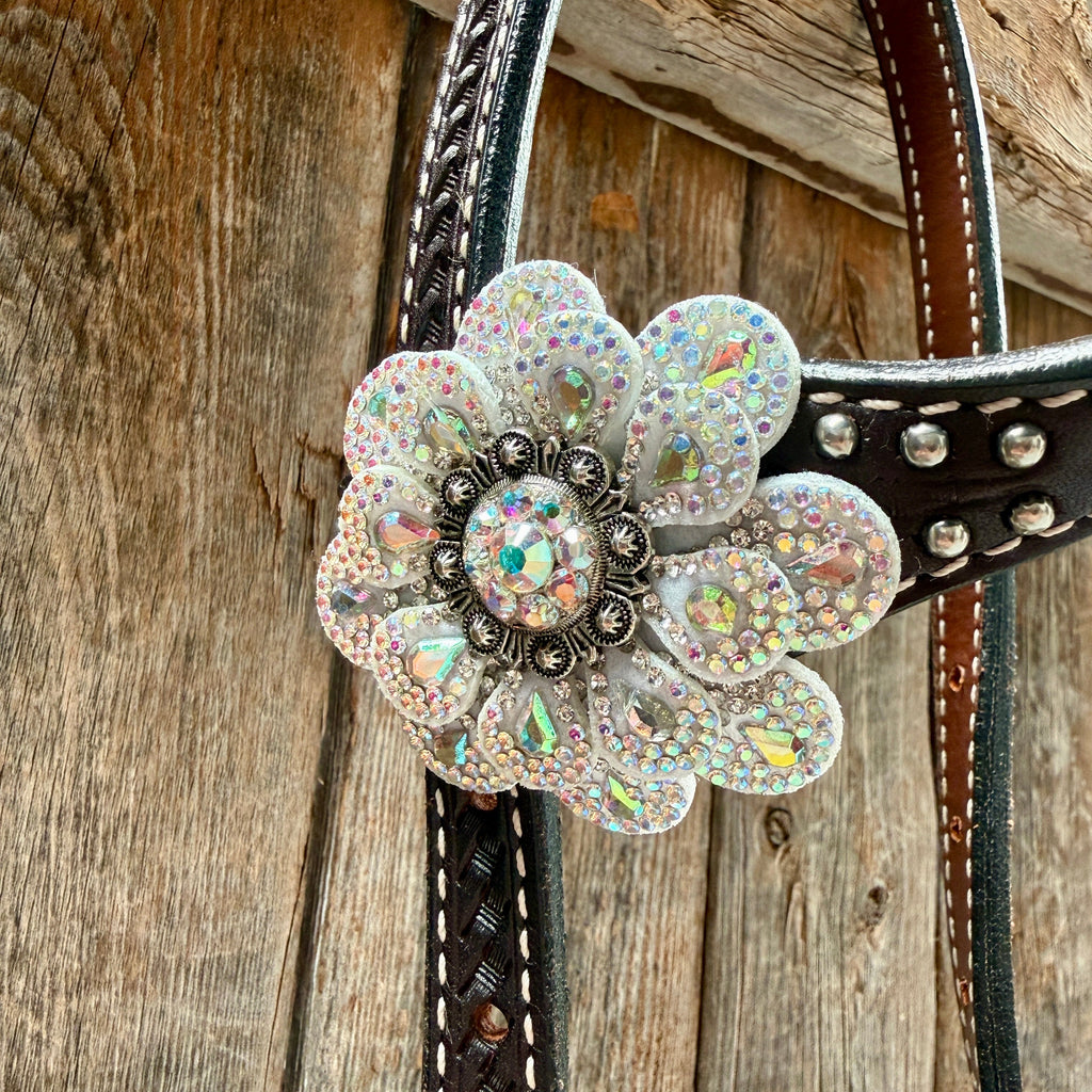 Dark Oil Basketweave with Silver Dots Rhinestone Flower One Ear Tack Set #OEBC483 — view 4
