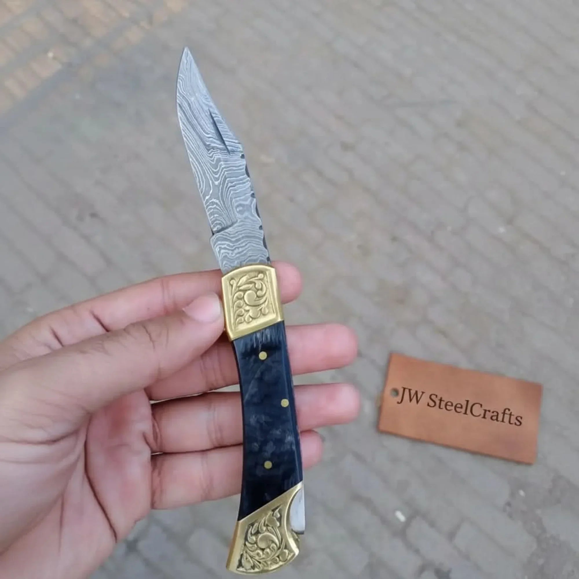 Handmade Damascus Steel Folding Knife with Gray Micarta Handle