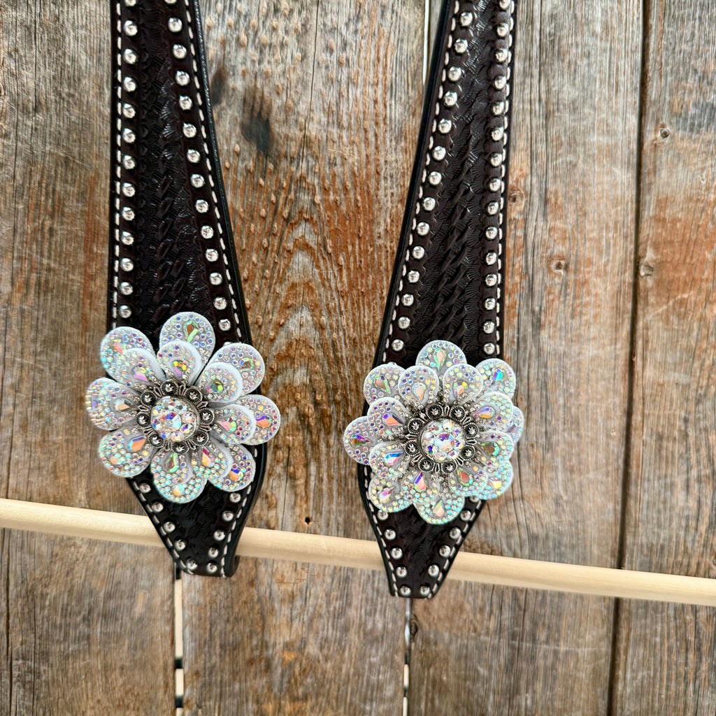 Dark Oil Basketweave with Silver Dots Rhinestone Flower One Ear Tack Set #OEBC483 — view 5