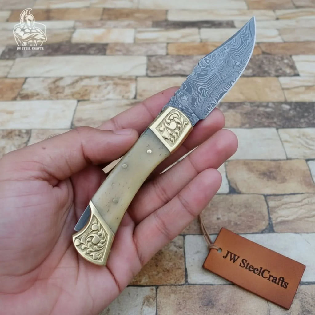 Handmade Damascus Steel Folding Pocket Knife with Bone Handle & Engraved Brass Bolsters
