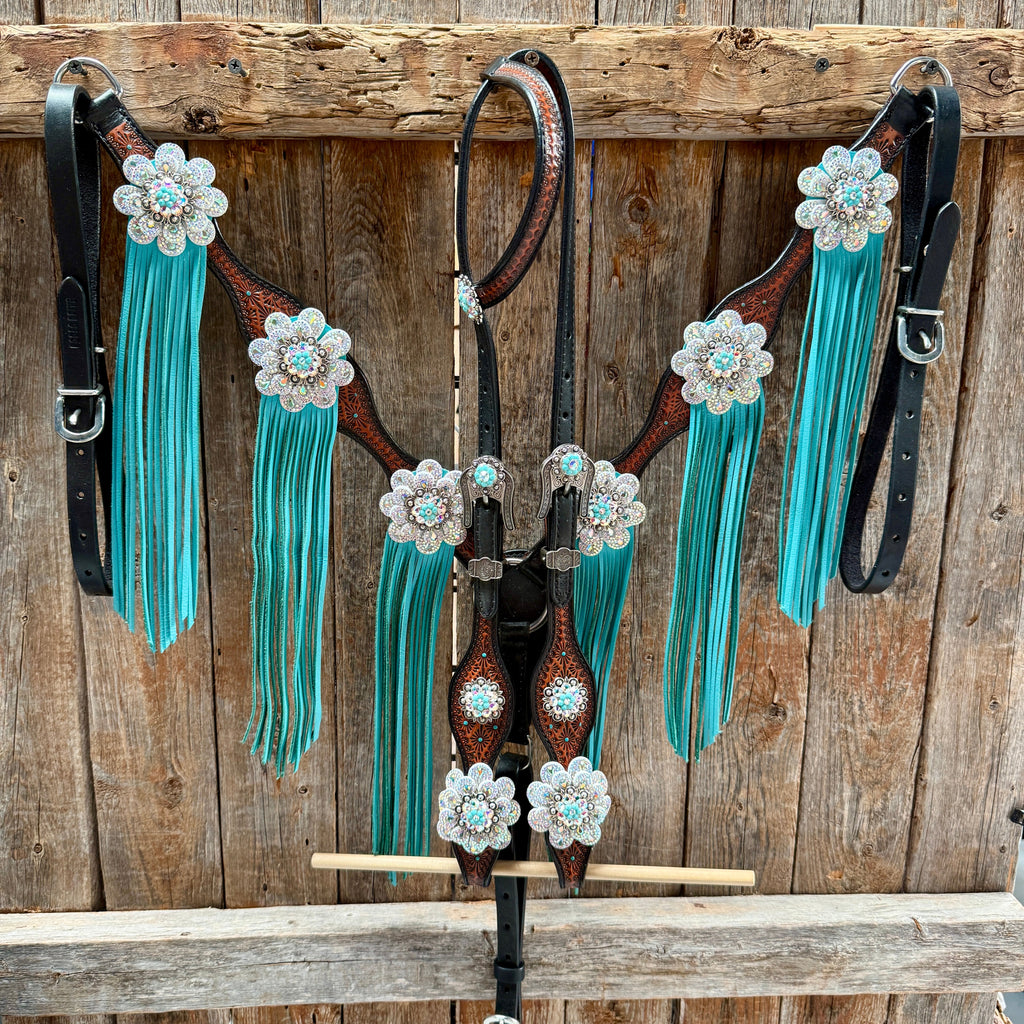 Teal Diamond Turquoise and AB Browband / One Ear - Breastcollar Tack Set #BBBC484 — view 2