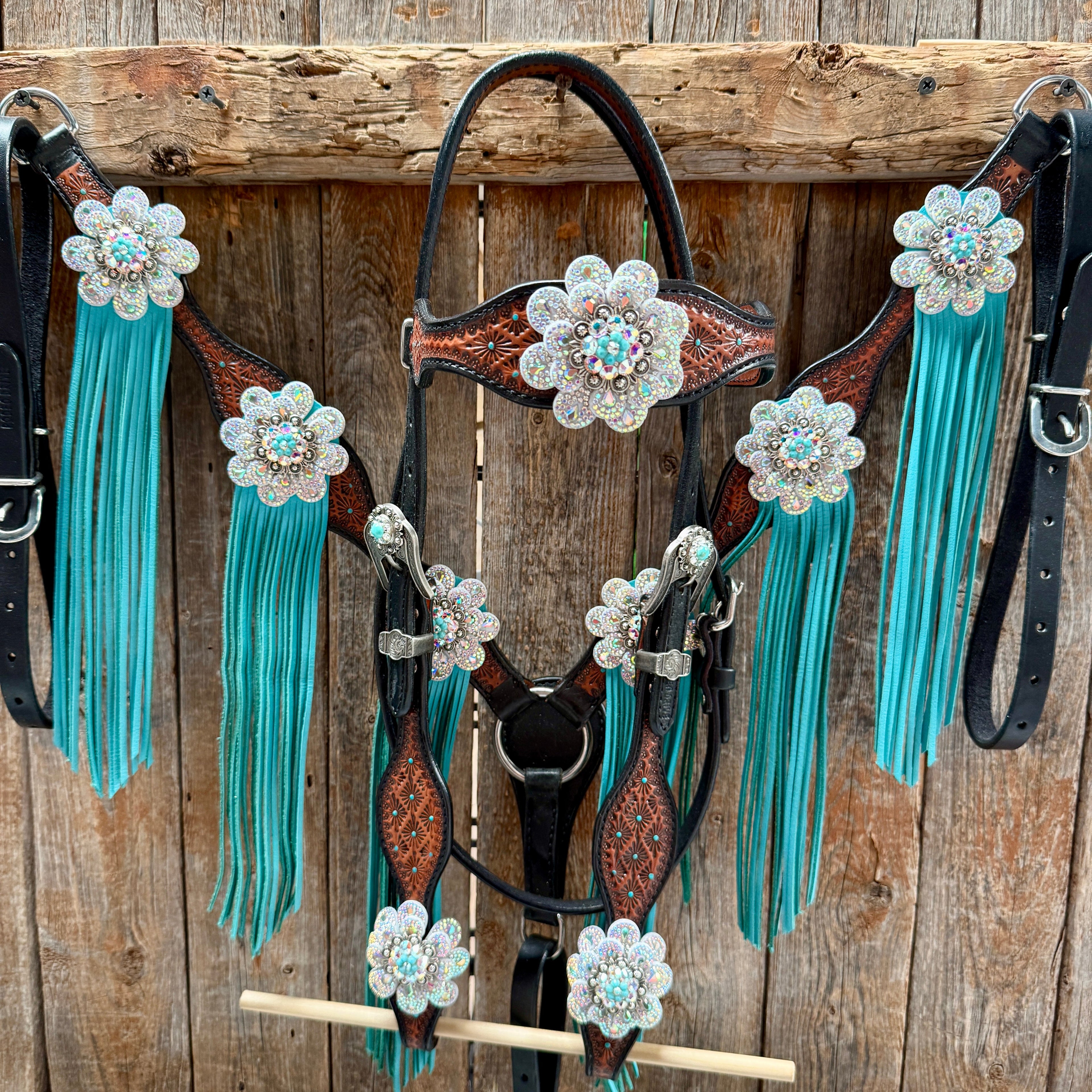 Teal Diamond Turquoise and AB Browband / One Ear - Breastcollar Tack Set #BBBC484