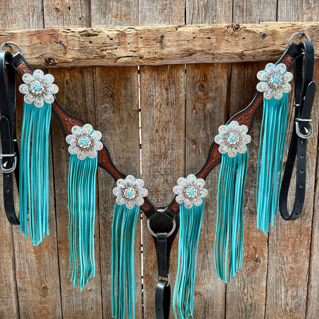 Teal Diamond Turquoise and AB Browband / One Ear - Breastcollar Tack Set #BBBC484 — view 9