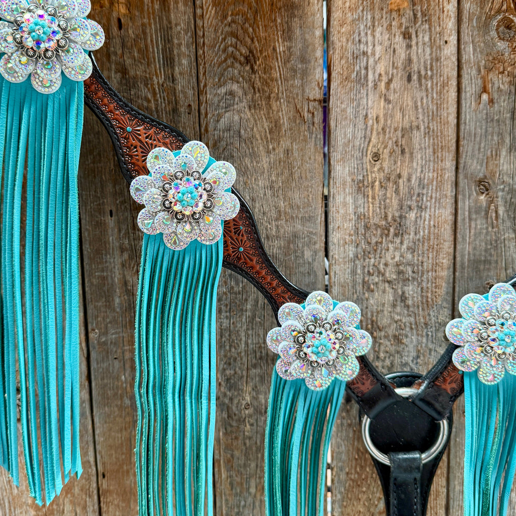 Teal Diamond Turquoise and AB Browband / One Ear - Breastcollar Tack Set #BBBC484 — view 10