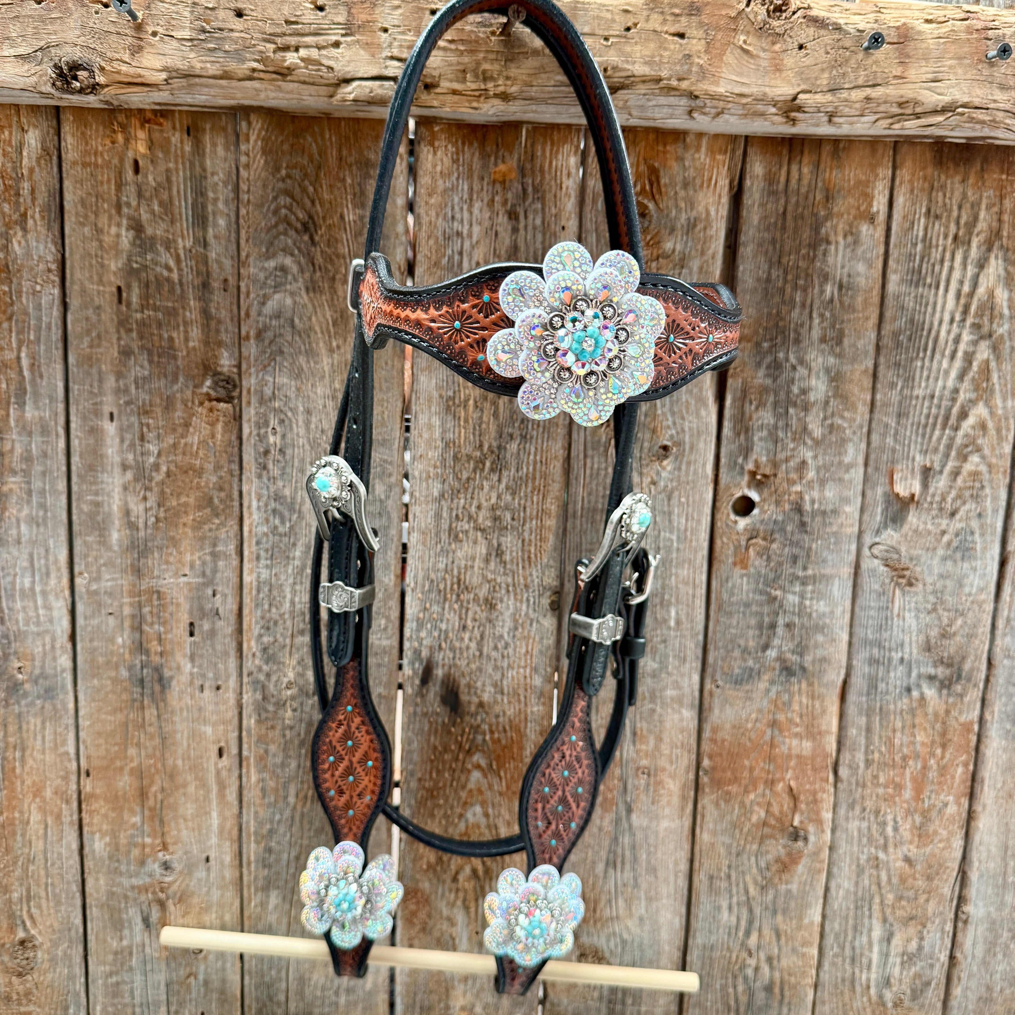 Teal Diamond Turquoise and AB Browband / One Ear - Breastcollar Tack Set #BBBC484 — view 3