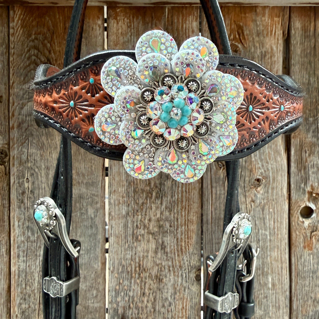 Teal Diamond Turquoise and AB Browband / One Ear - Breastcollar Tack Set #BBBC484 — view 4