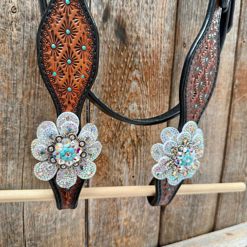 Teal Diamond Turquoise and AB Browband / One Ear - Breastcollar Tack Set #BBBC484 — view 5