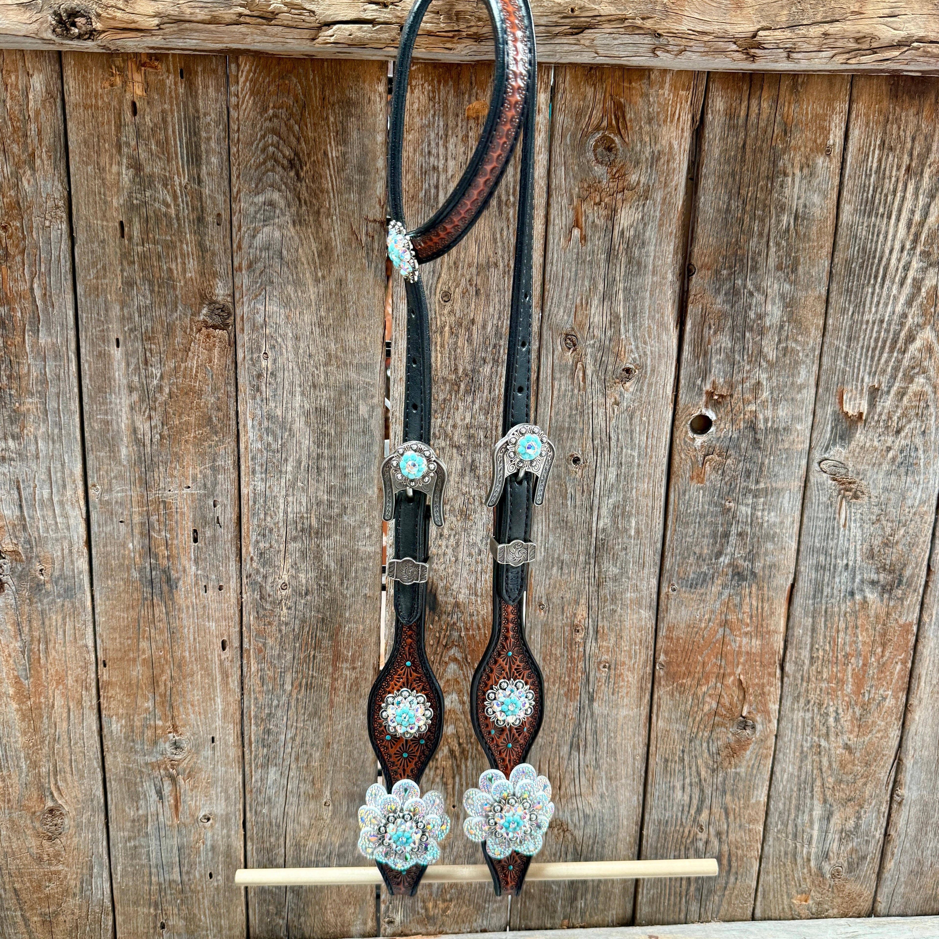 Teal Diamond Turquoise and AB Browband / One Ear - Breastcollar Tack Set #BBBC484 — view 6