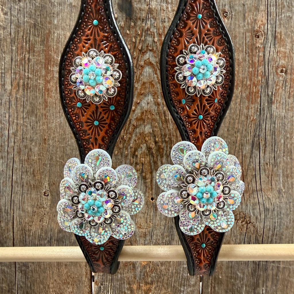 Teal Diamond Turquoise and AB Browband / One Ear - Breastcollar Tack Set #BBBC484 — view 7