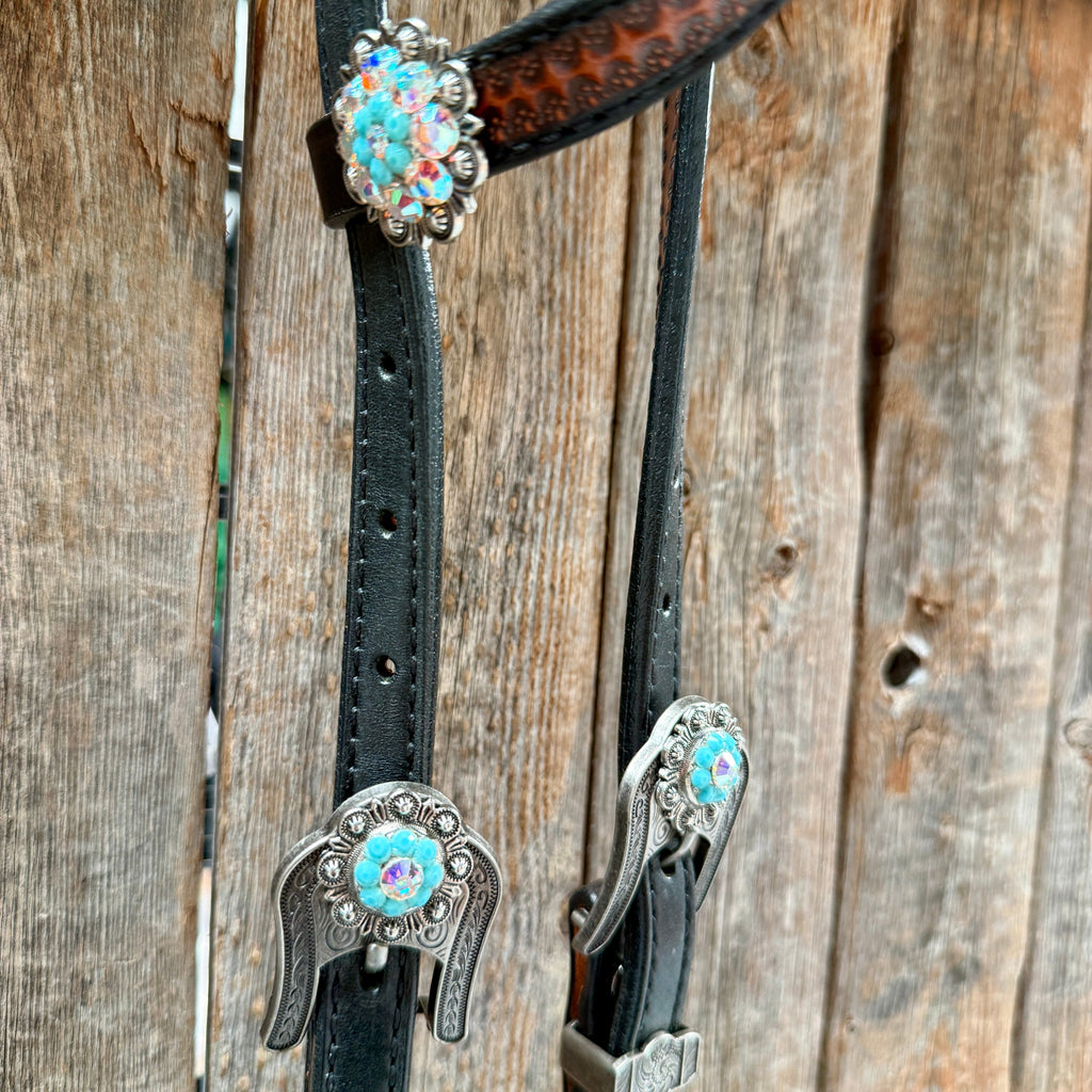 Teal Diamond Turquoise and AB Browband / One Ear - Breastcollar Tack Set #BBBC484 — view 8