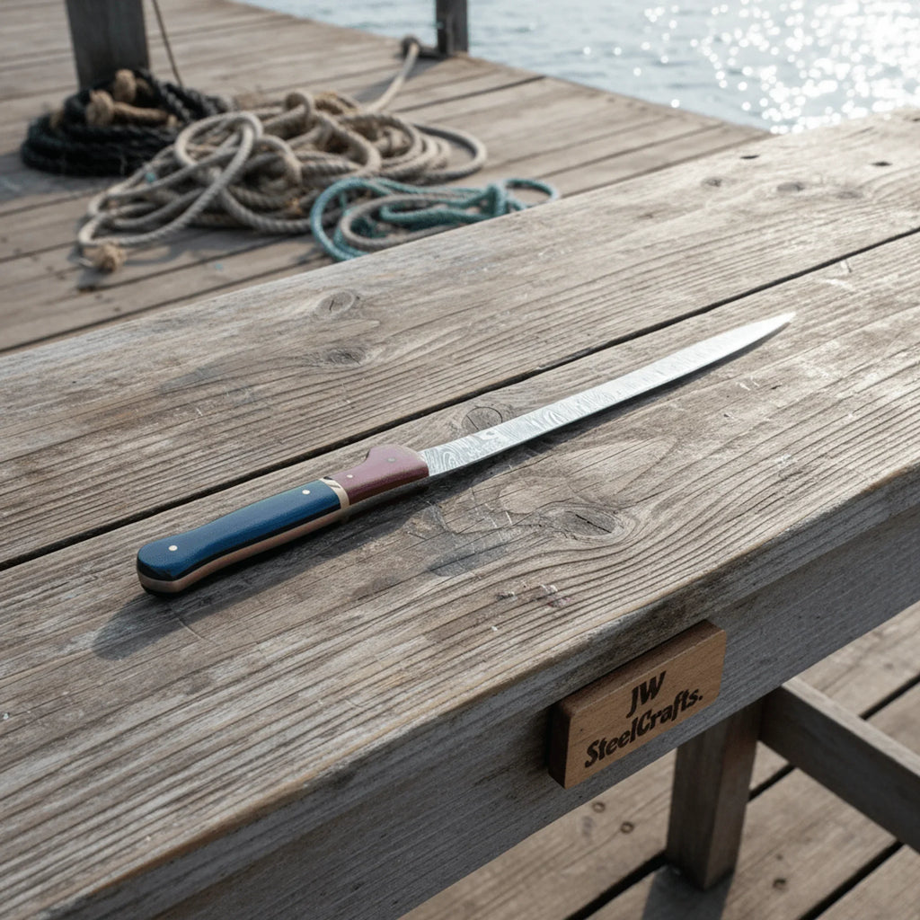 13-Inch Forged Damascus Boning & Fillet Knife — Blue and Red Two-Tone Resin Handle, Steel Bolster & Silver Pins