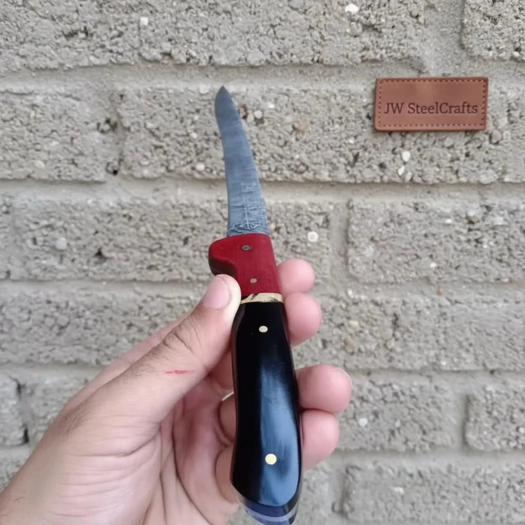 13-Inch Forged Damascus Boning & Fillet Knife — Blue and Red Two-Tone Resin Handle, Steel Bolster & Silver Pins
