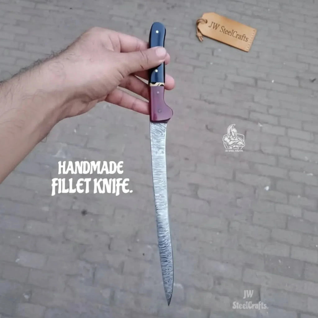 13-Inch Forged Damascus Boning & Fillet Knife — Blue and Red Two-Tone Resin Handle, Steel Bolster & Silver Pins