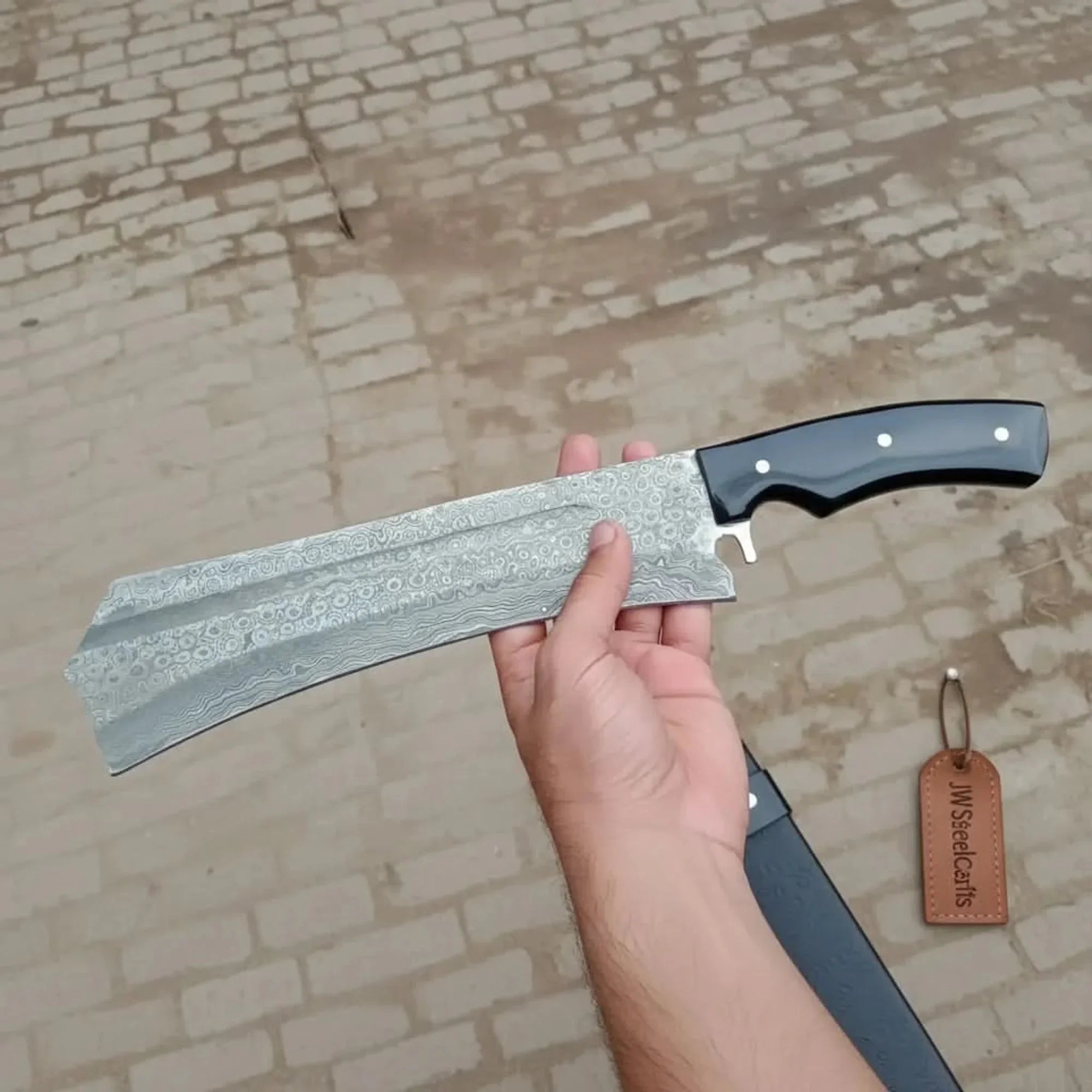 Forged Damascus K-Tip Nakiri Knife Raindrop Pattern Blade, Black Resin Handle