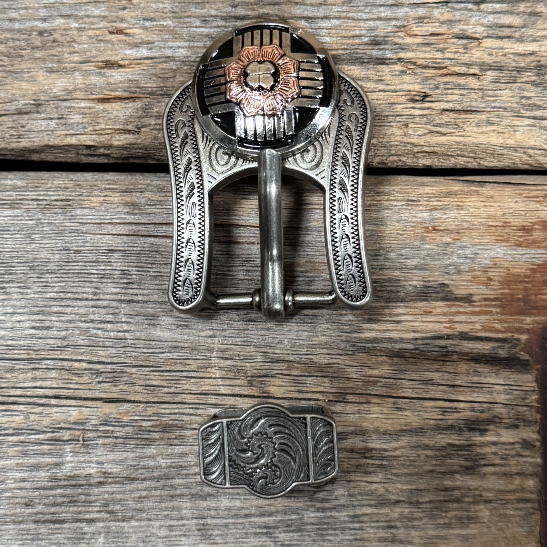 Antique Silver with Copper Flower Western Concho Buckle Adapter W217ASBA