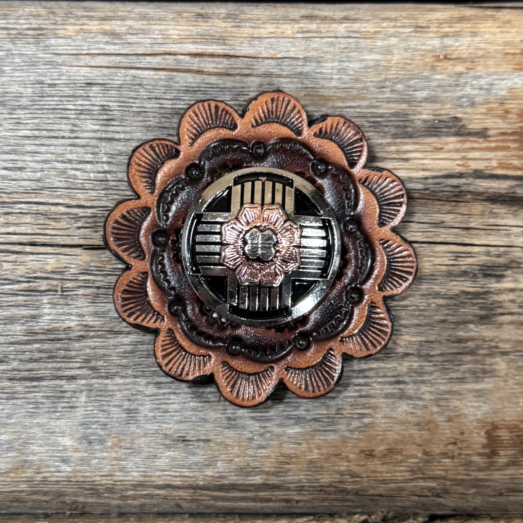 Leather Rosette with Antique Silver with Copper Flower Western Concho R111W217S