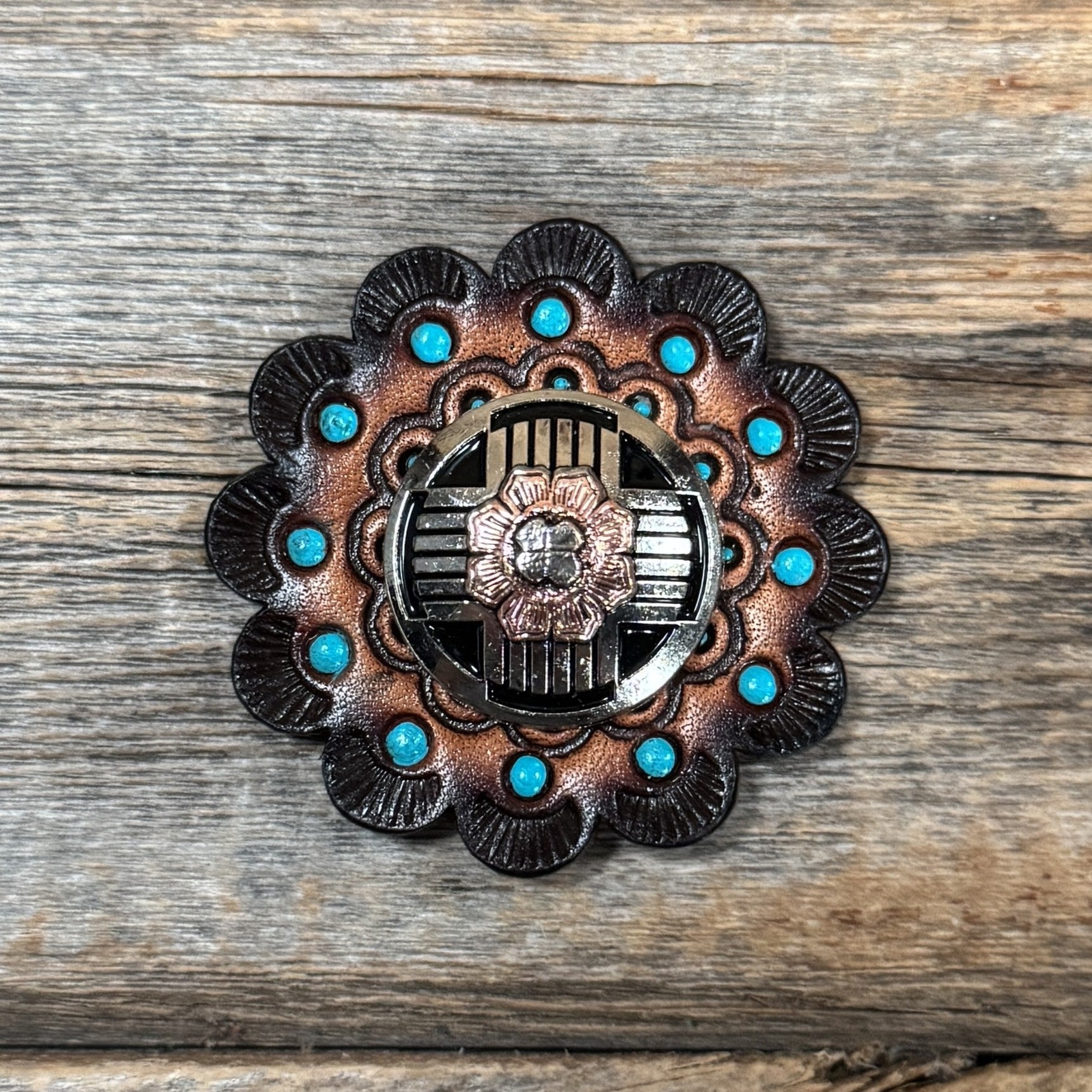 Leather Rosette Dark Oil Edges with Antique Silver and Copper Flower Western Concho R112W217S