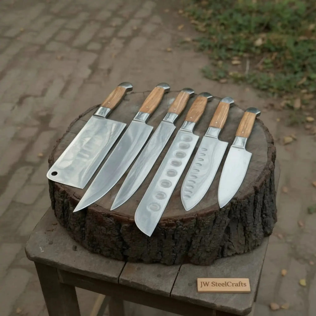 7-Piece Stainless Steel Kitchen Knife Set — Olive Wood Handles, Steel Bolsters and Leather Kit